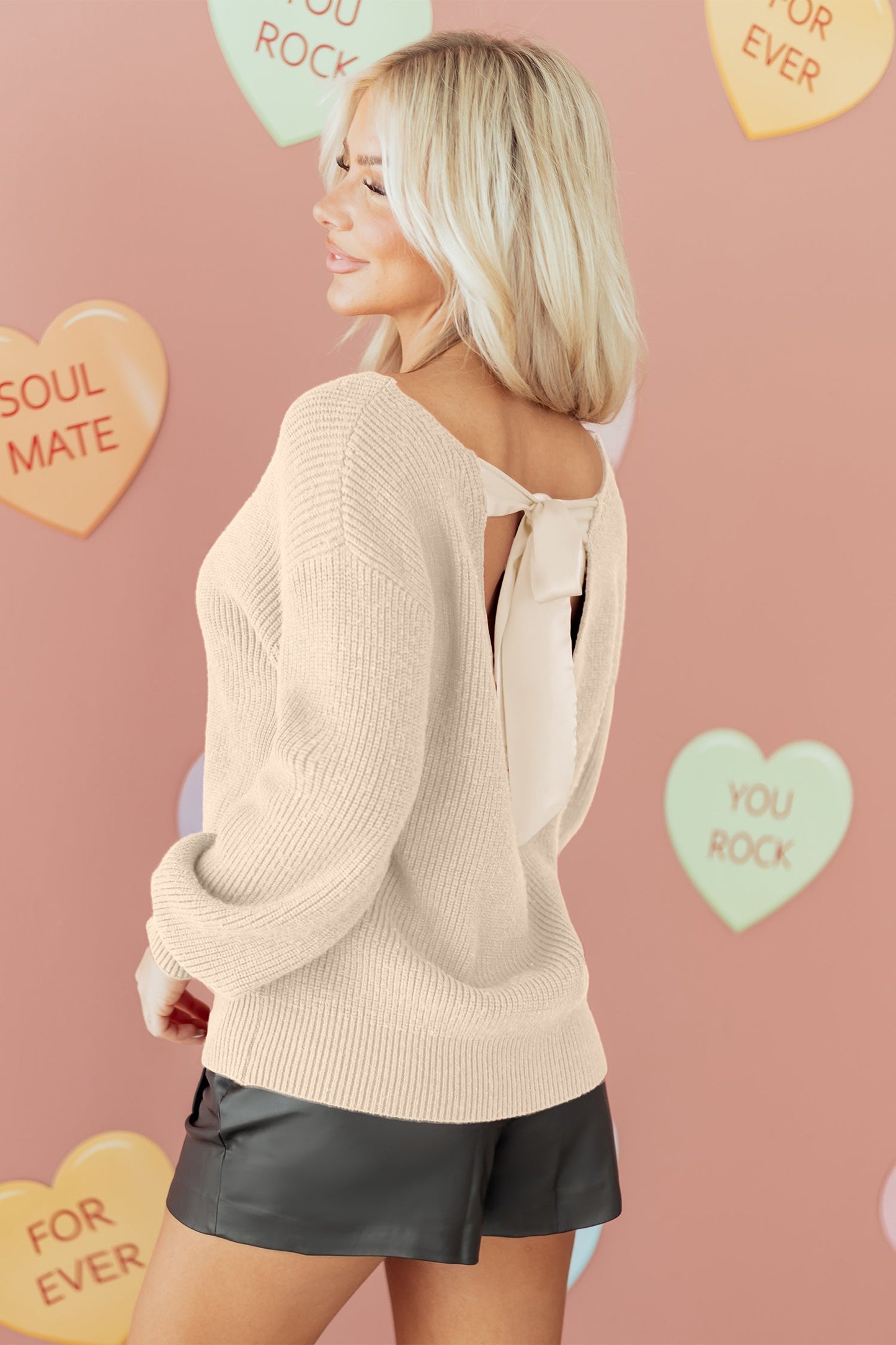 Ribbon Knot Backless Drop Shoulder Ribbed Sweater