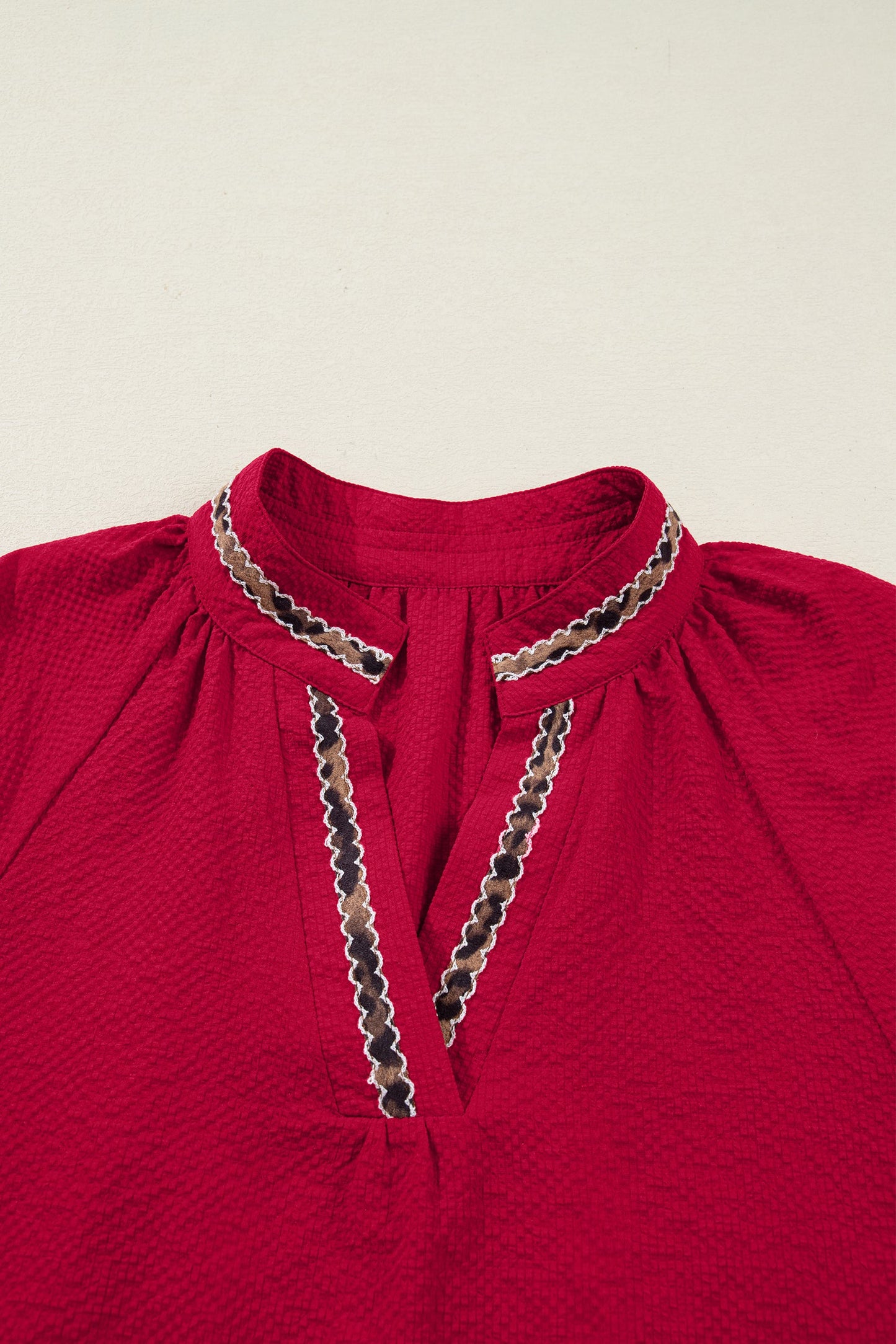 Leopard Contrast Trim V-Neck Long Sleeve Blouse