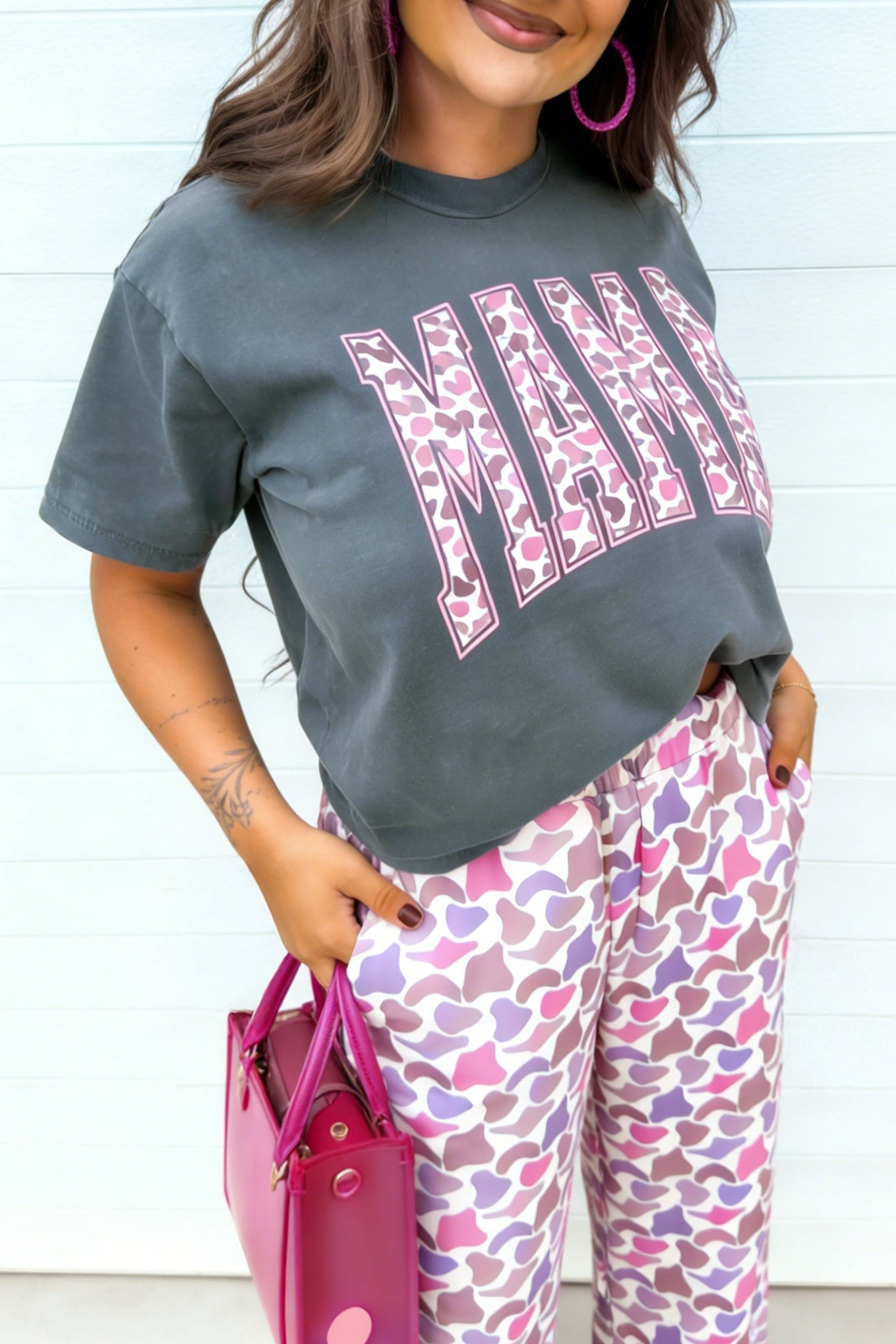 MAMA Letter Graphic Tee & Camo Loose Pant Set