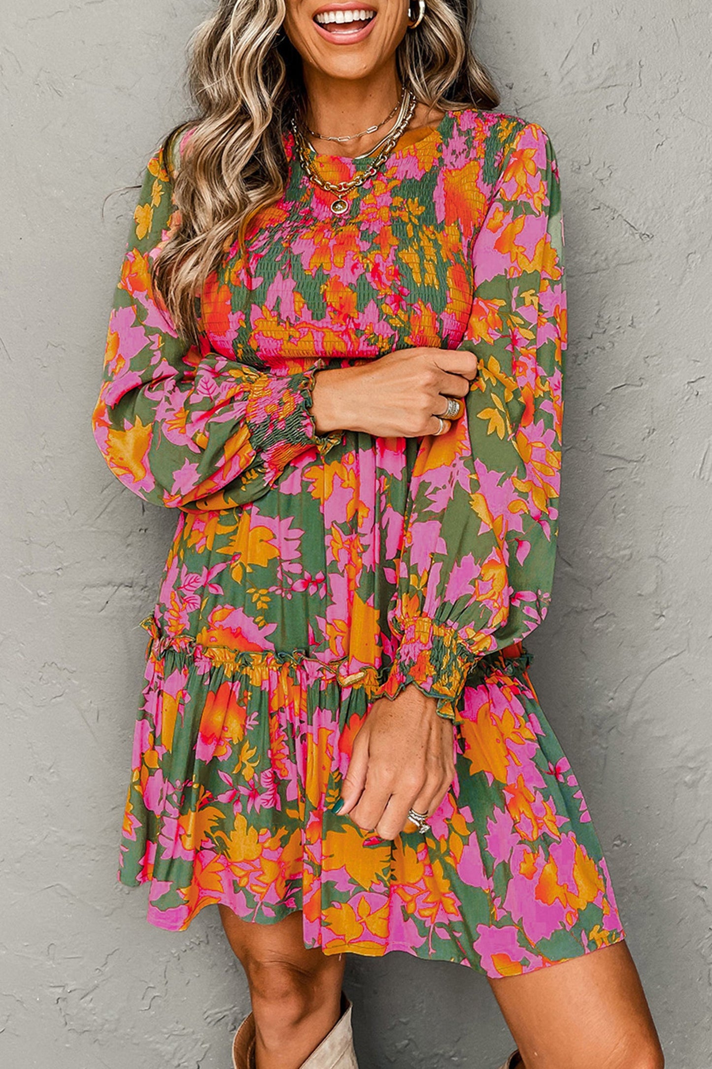Floral Smocked Ruffle Hem Long Sleeve Mini Dress