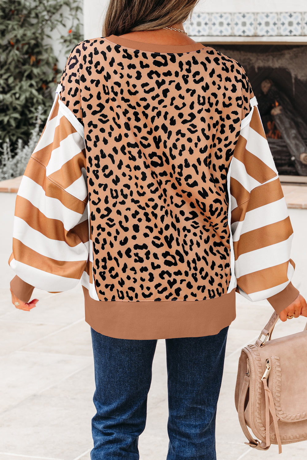 Leopard Stripe Colorblock Patchwork Sweatshirt
