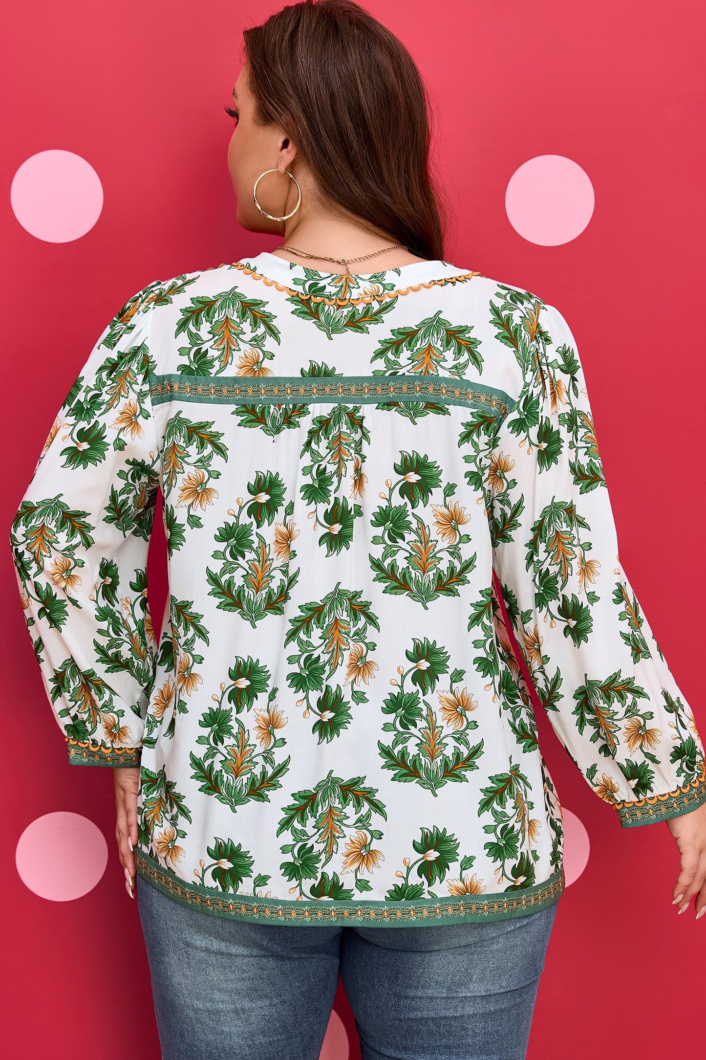Plus Size Floral Patchwork Tassel Tie Blouse