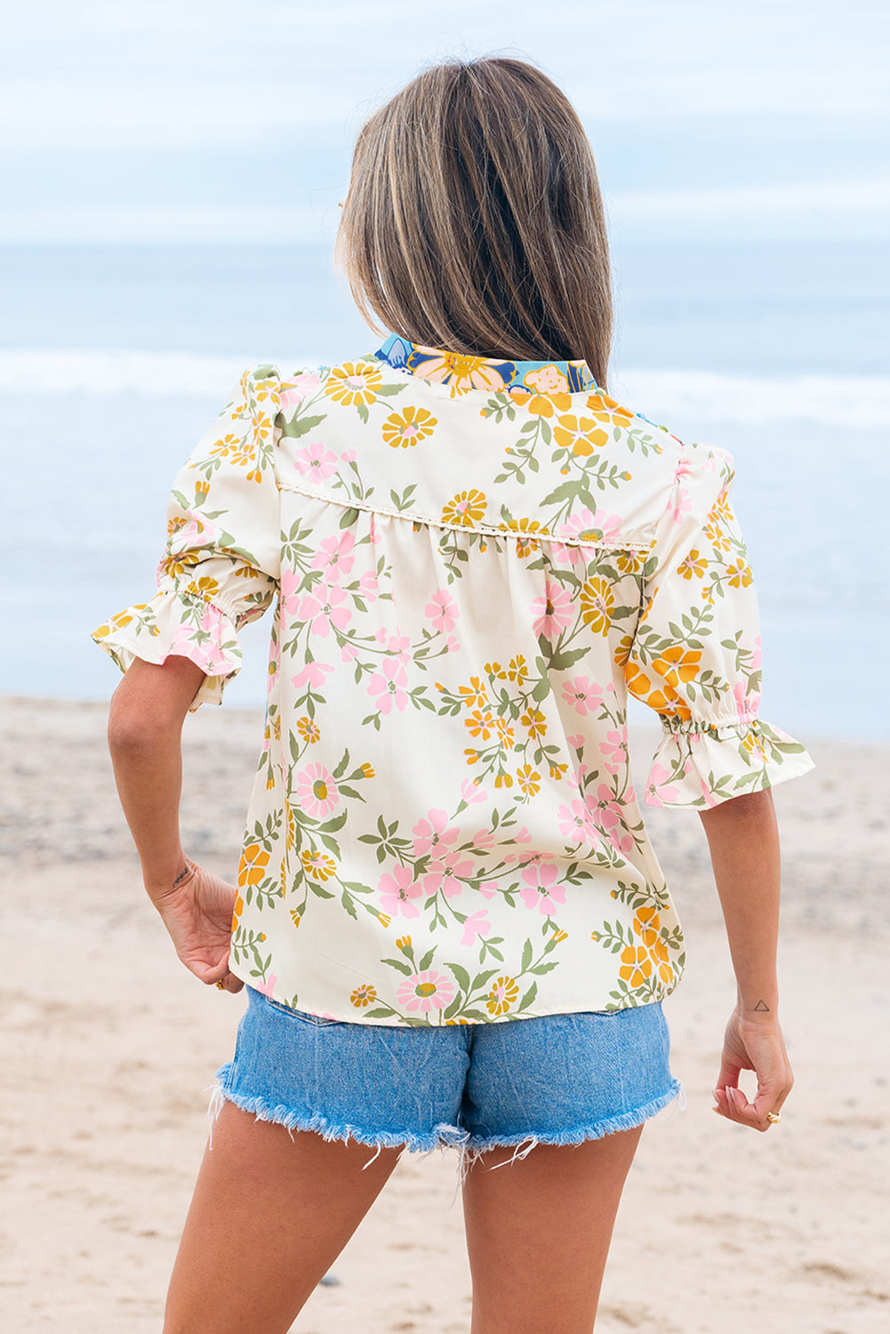 Floral Boho Crochet V-Neck Half Sleeve Blouse