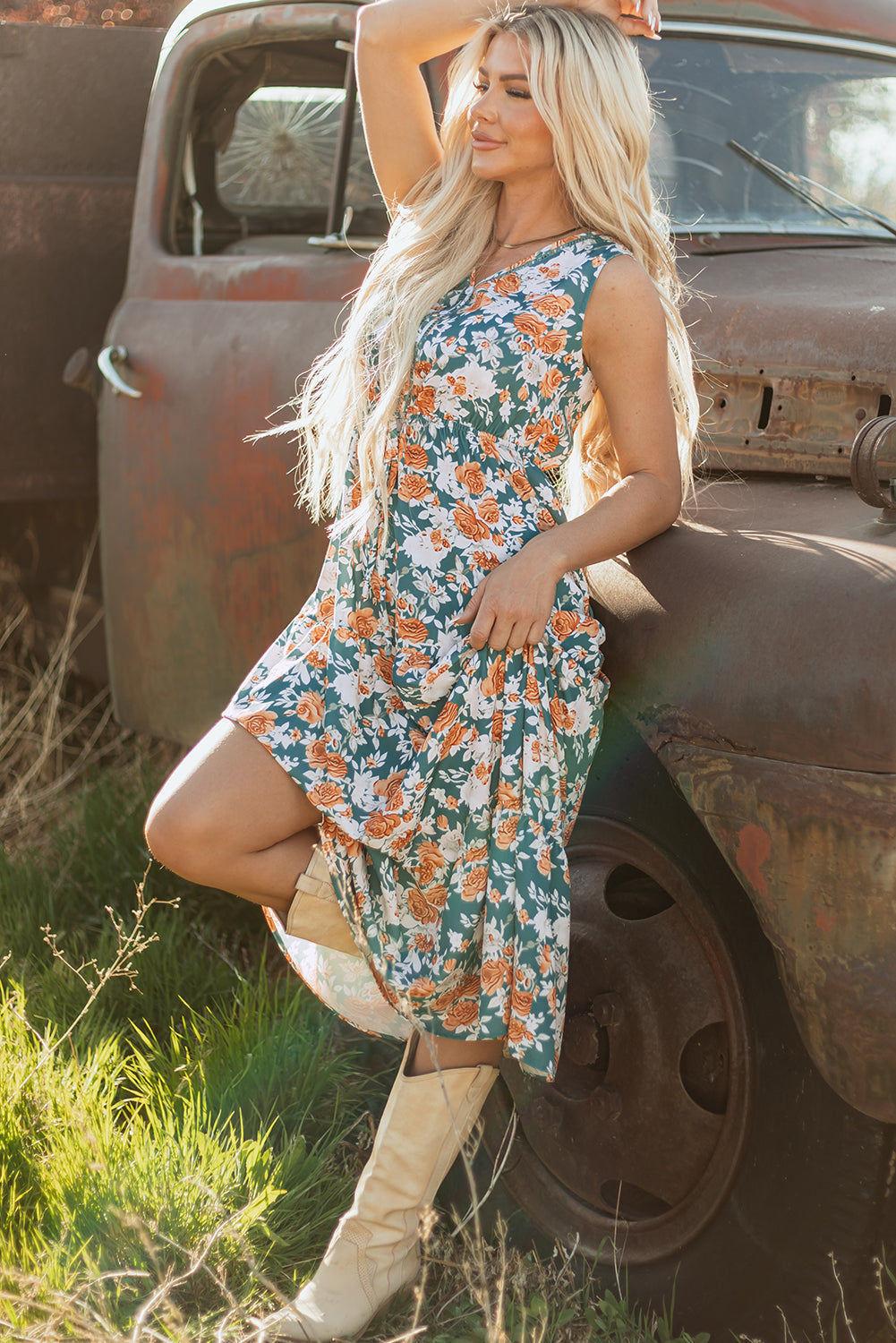 Floral Buttoned V-Neck Tie Waist Maxi Dress