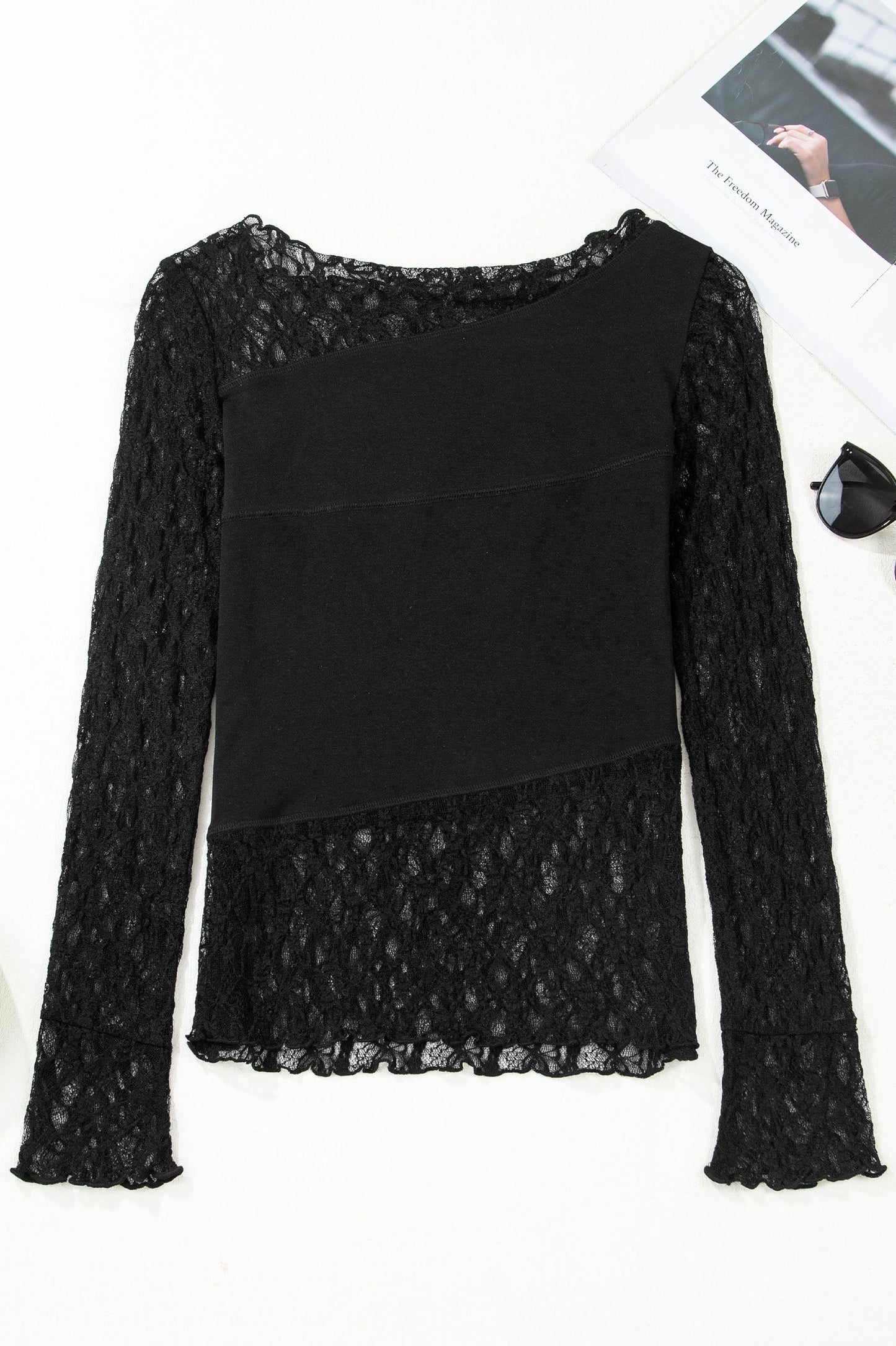 Sheer Lace Asymmetric Patchwork Long Sleeve Top