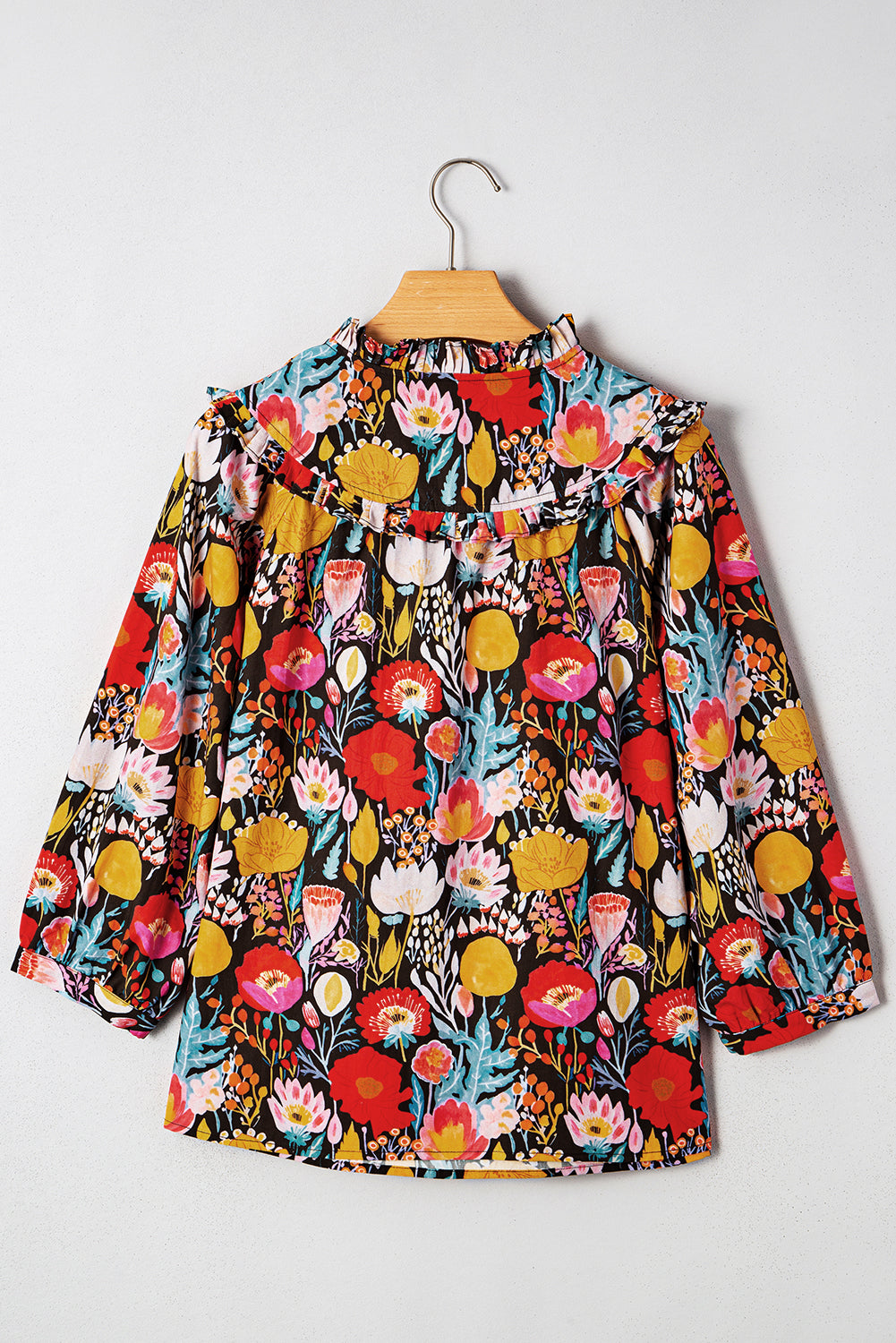 Floral 3/4 Puff Sleeve Tied Neck Blouse