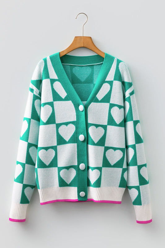 Valentines Heart Checker Buttoned V-Neck Cardigan