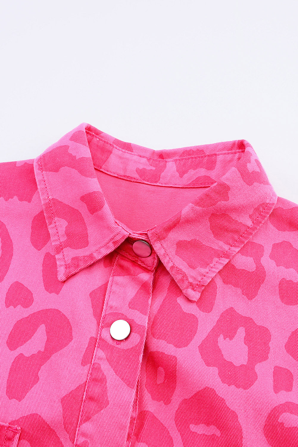 Leopard Button Cuff Raw Hem Denim Jacket
