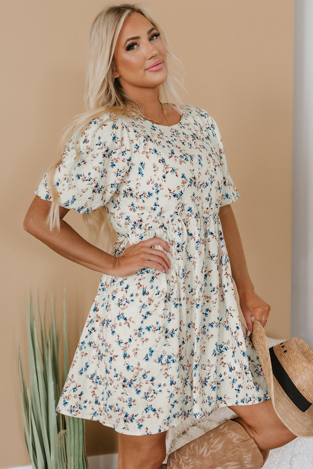 Floral Puff Sleeve Empire Waist Mini Dress