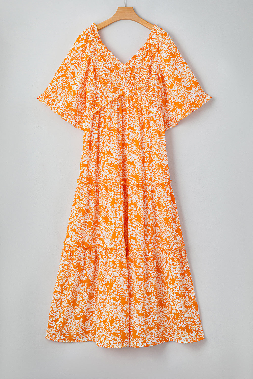 Floral Smocked V-Neck Wide Sleeve Maxi Dress