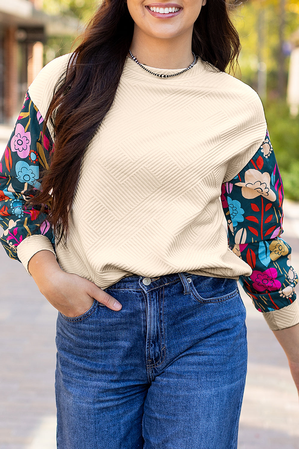 Floral Sleeve Textured Knit Drop Shoulder Top