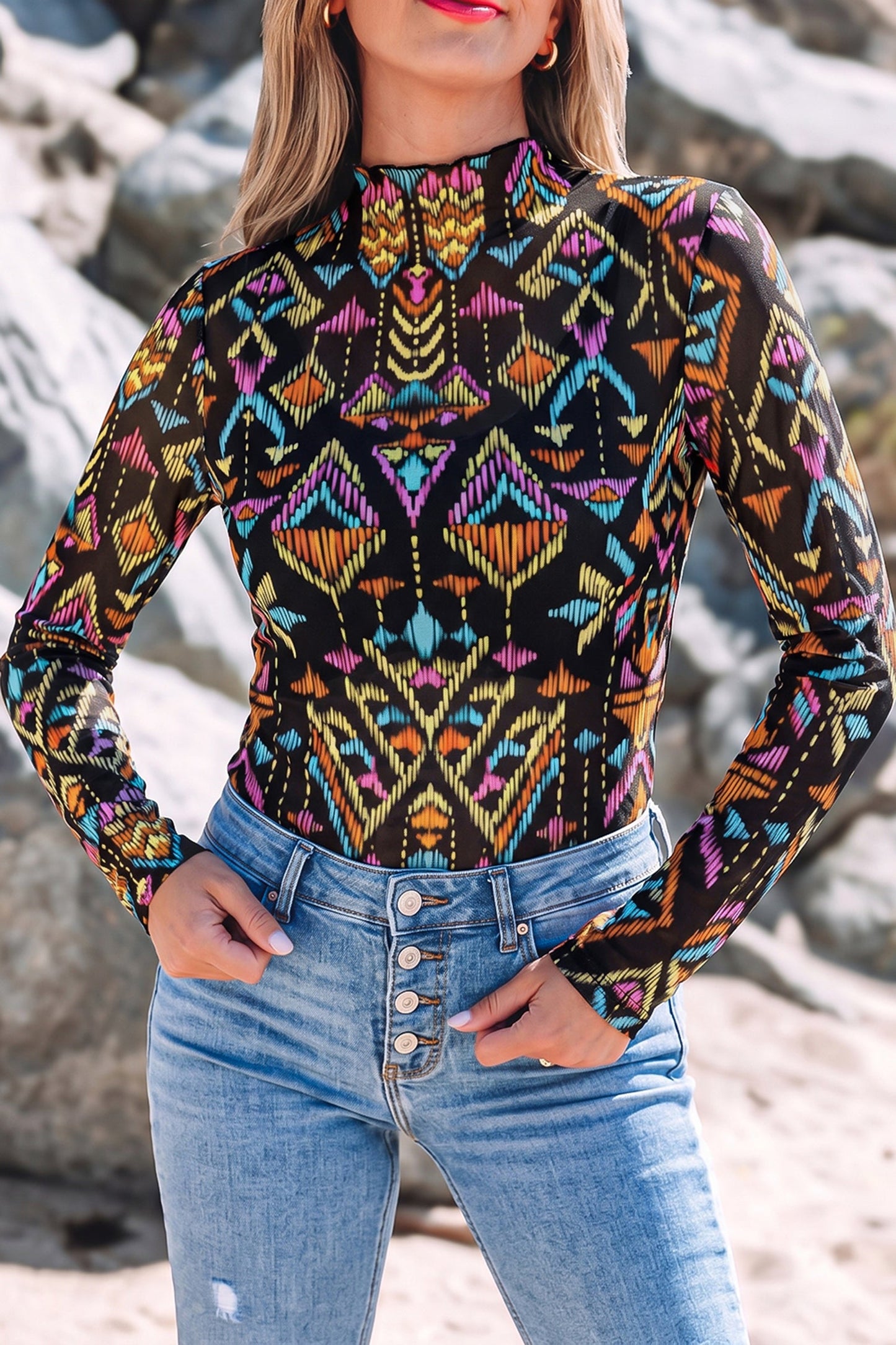 Aztec Mesh Mock Neck Long Sleeve Top