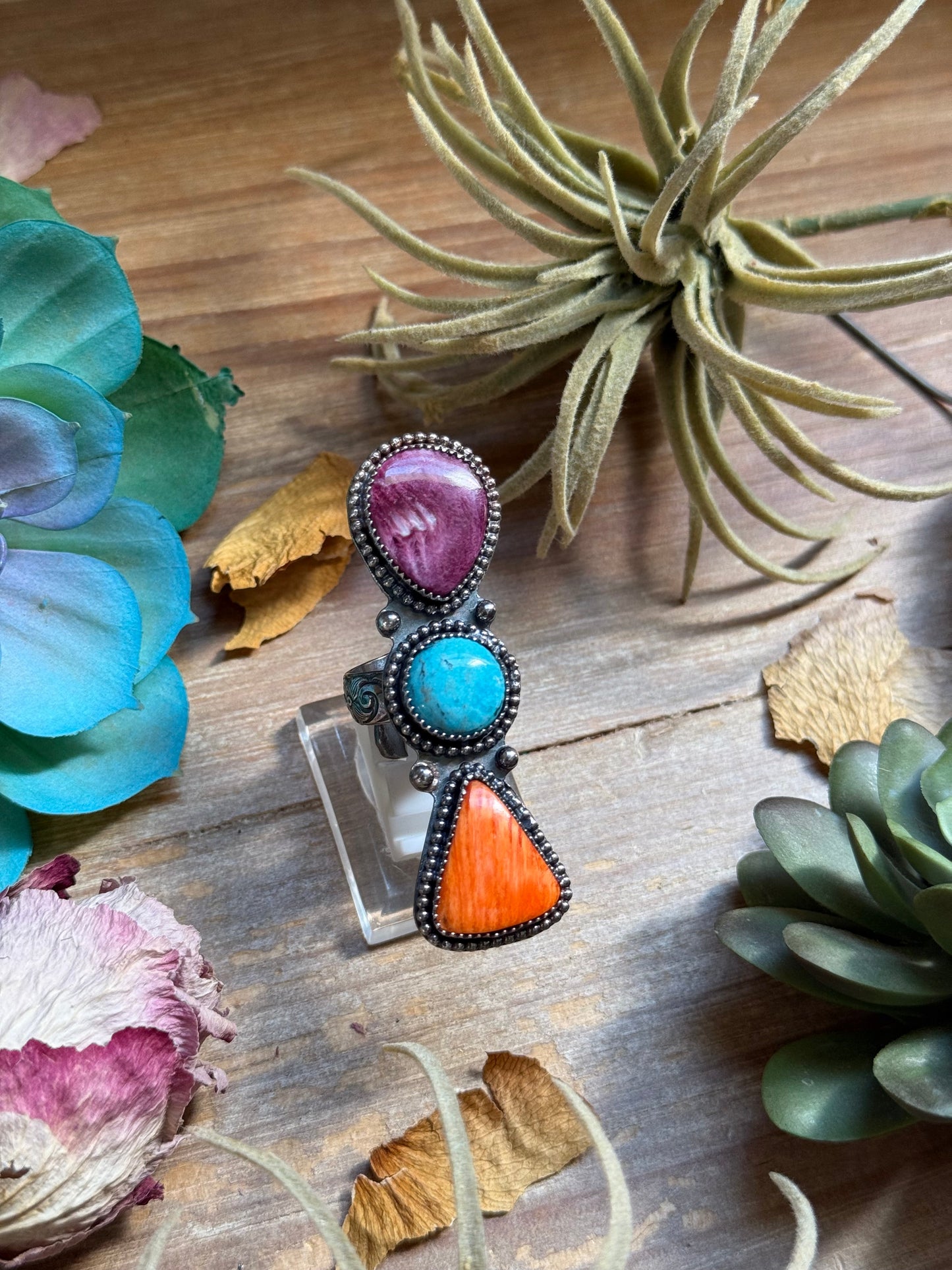 MJ Ring - Three Stone Turquoise & Spiny Oyster Ring