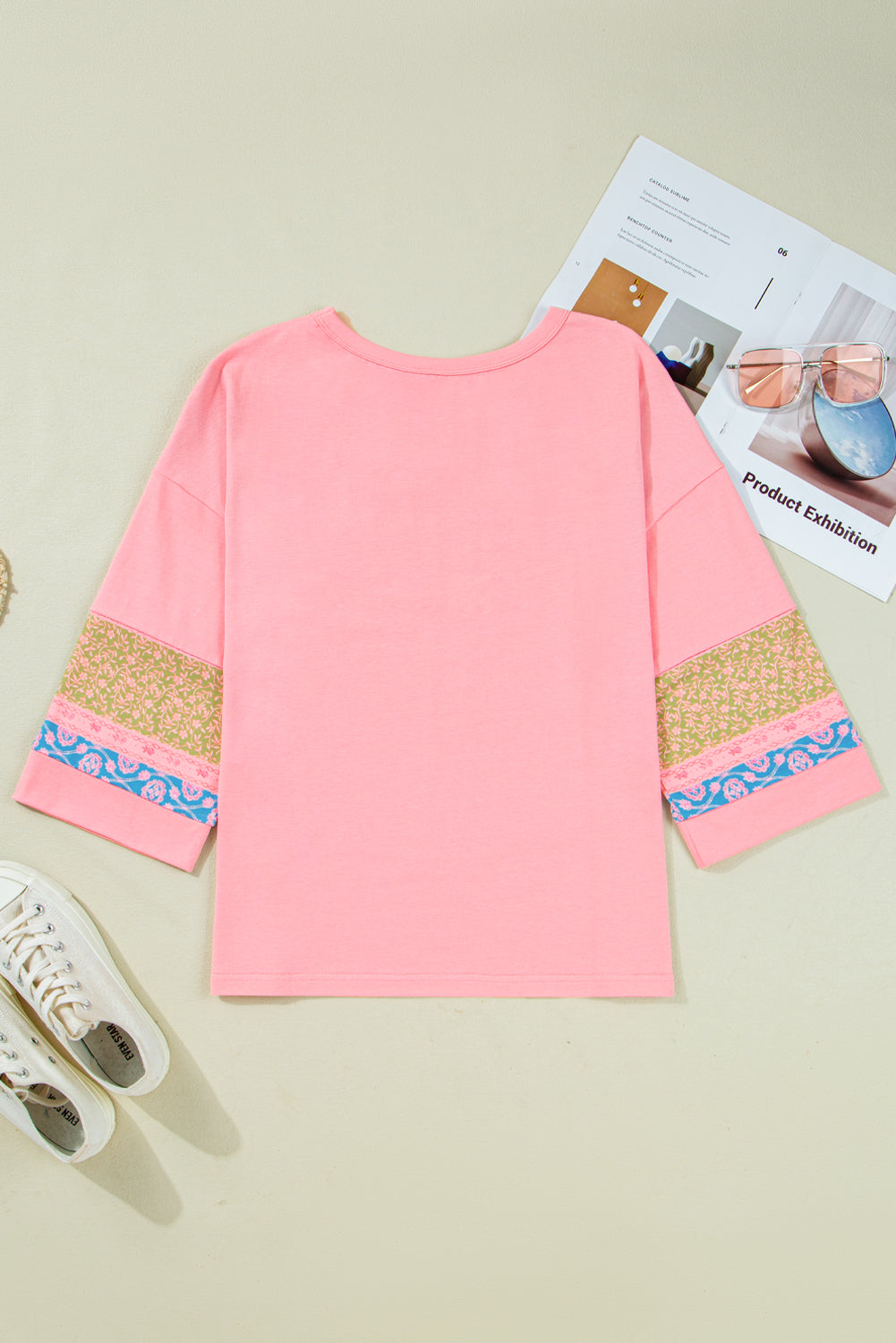 Floral Colorblock Patchwork 3/4 Sleeve Top