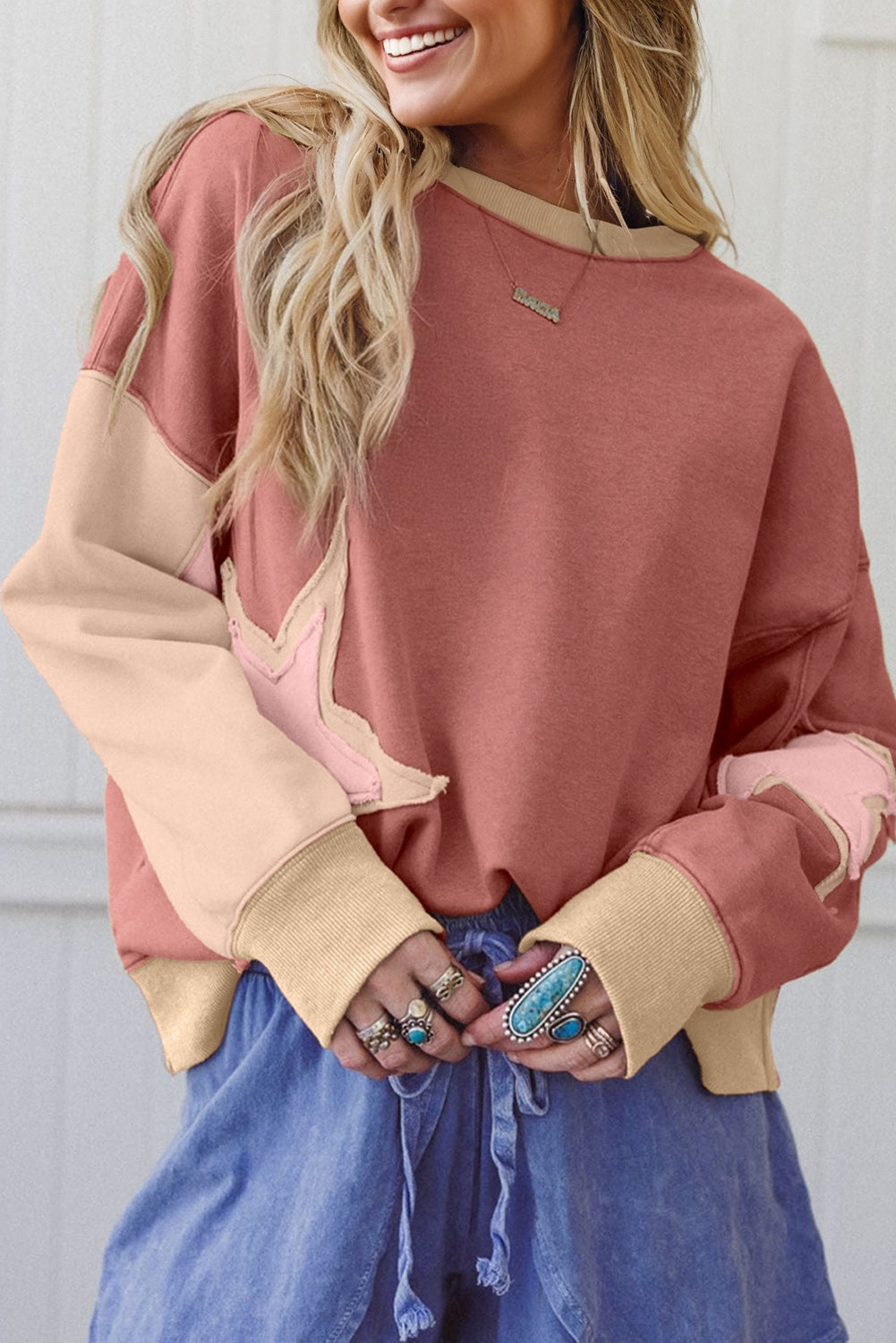 Star Patchwork Reverse Seam Drop Shoulder Sweatshirt