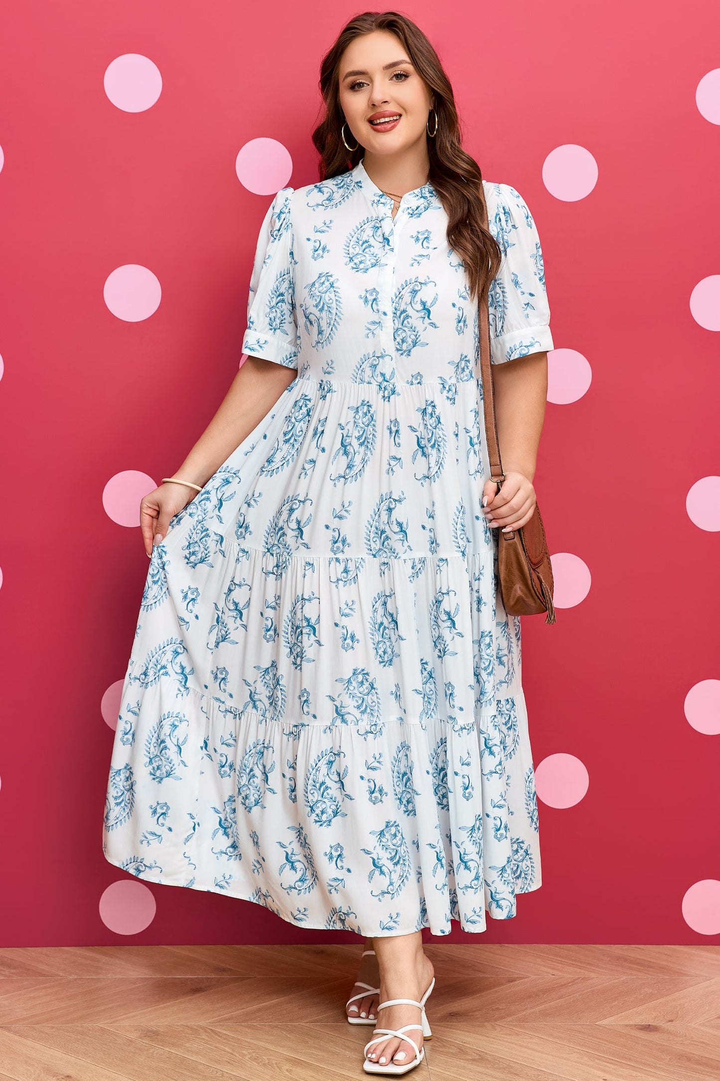 Plus Size Floral Geometric Split Neck Maxi Dress