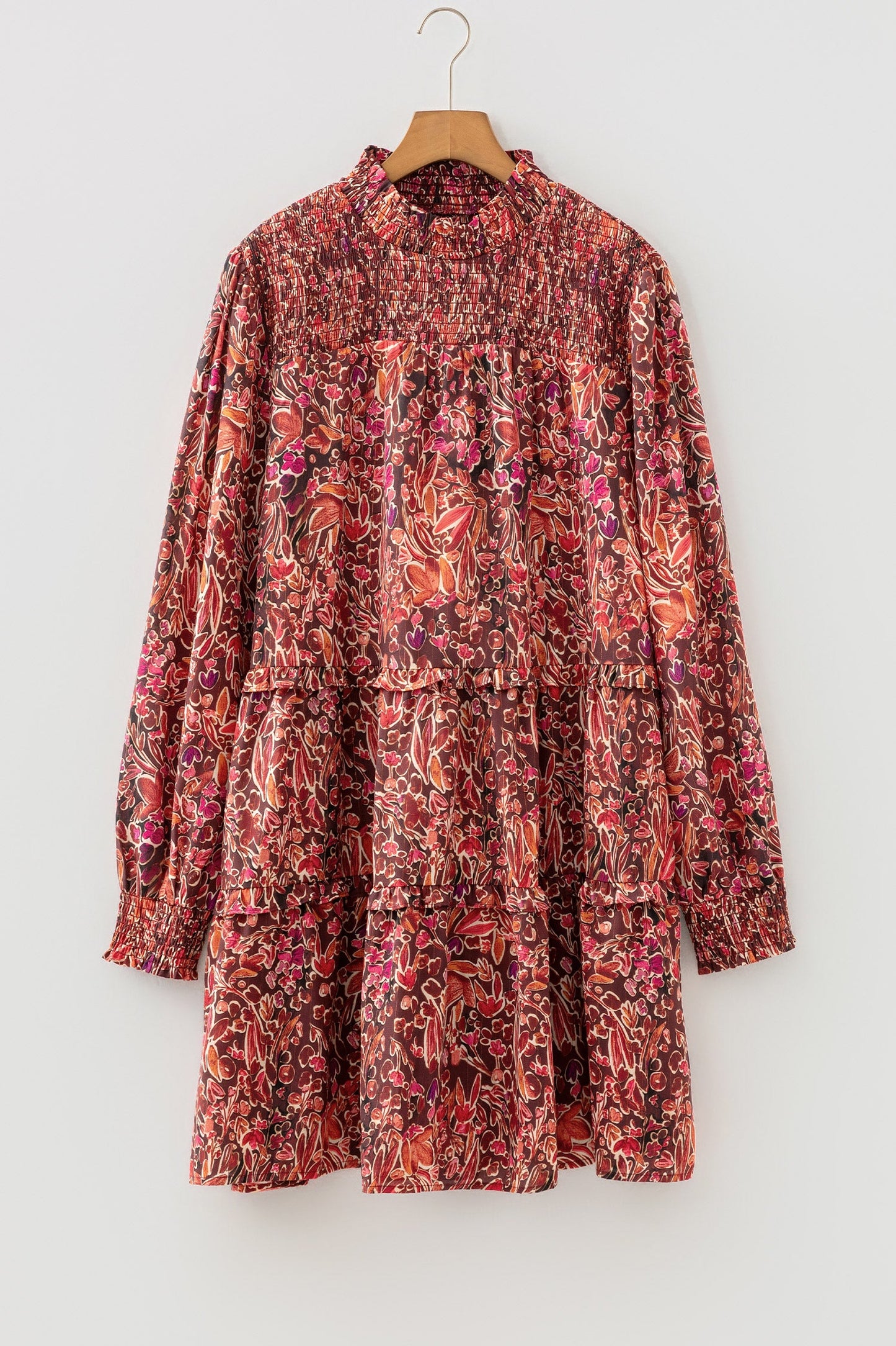 Floral Shirred Mock Neck Long Sleeve Mini Dress