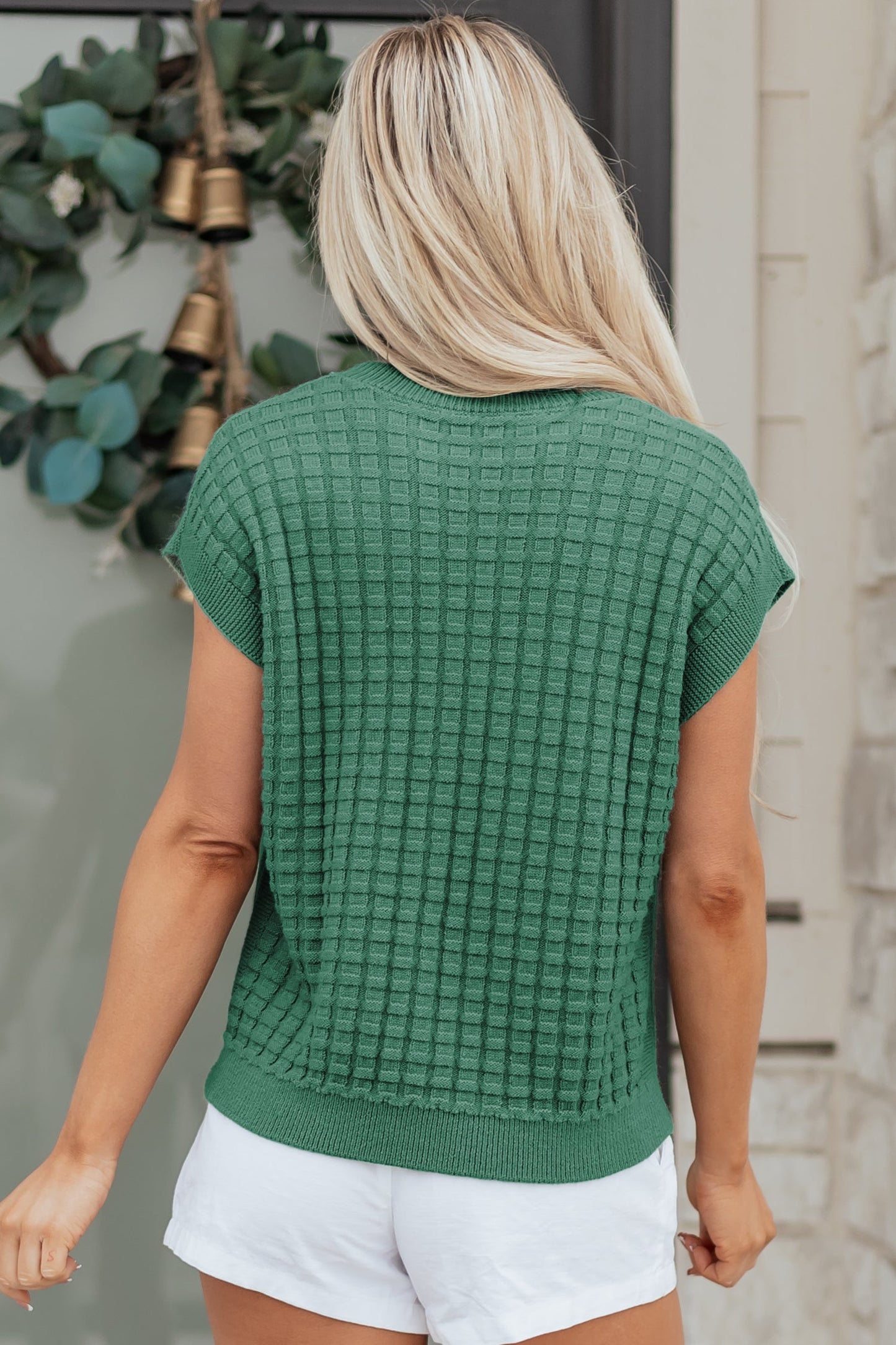 Solid Textured Round Neck Short Sleeve Sweater