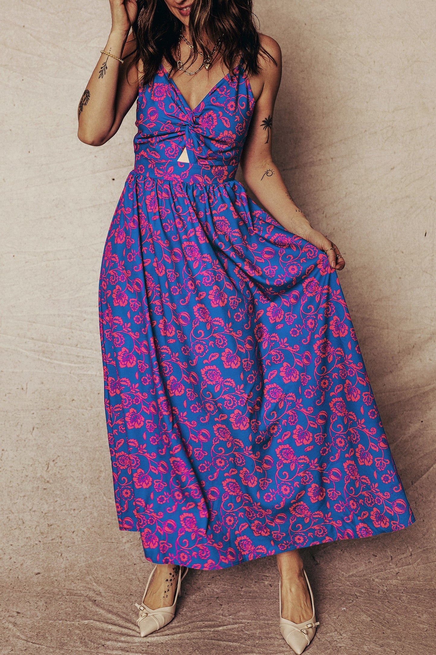 Floral Twisted V-Neck Tied Backless Maxi Dress
