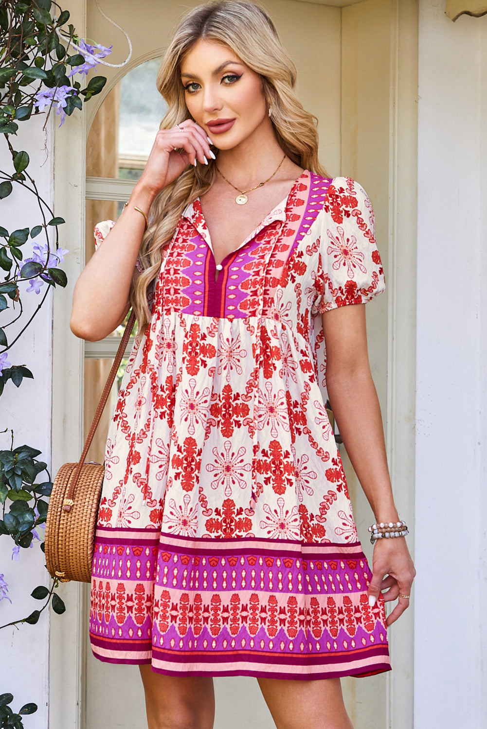 Boho Floral Lace-Up V-Neck Mini Dress