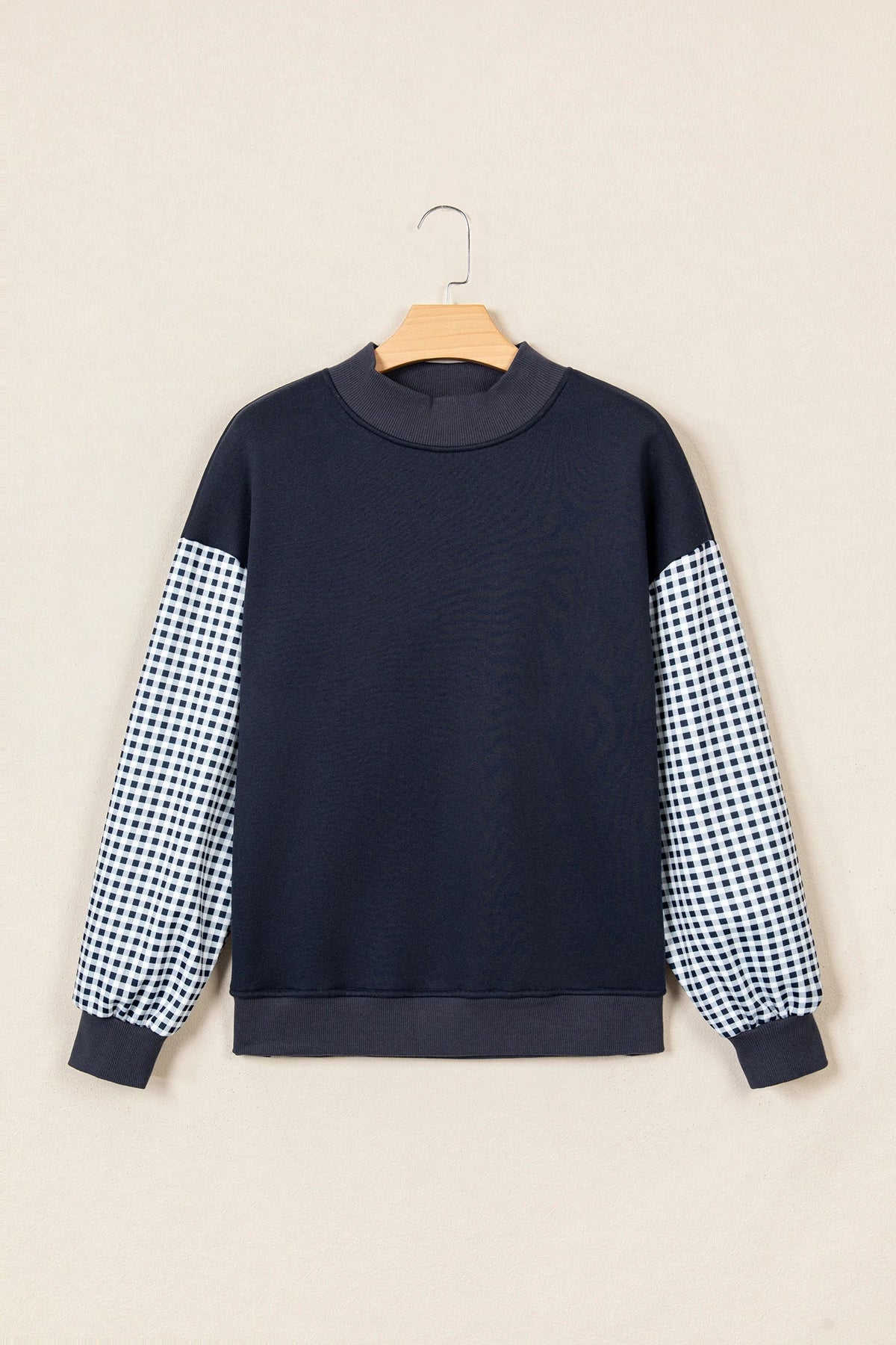 Gingham Colorblock Mock Neck Long Sleeve Sweatshirt