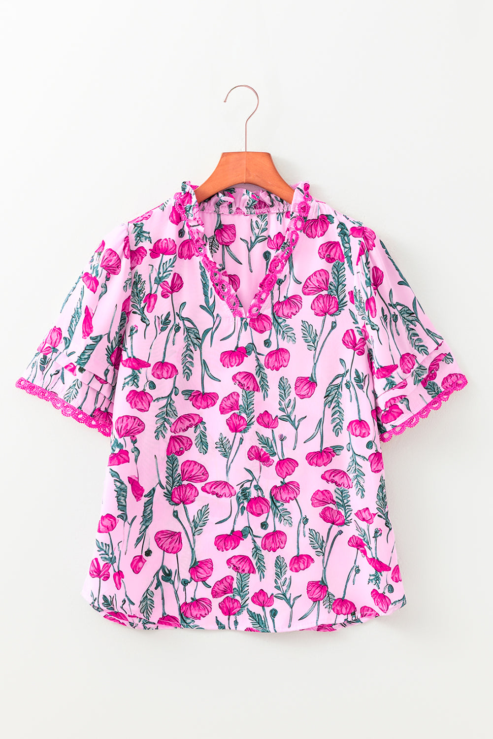Floral Lace Detail Frilled V-Neck Summer Blouse