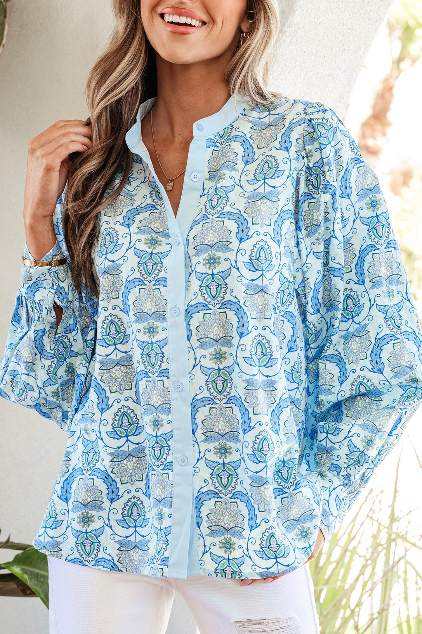 Paisley Long Puff Sleeve Buttoned Shirt