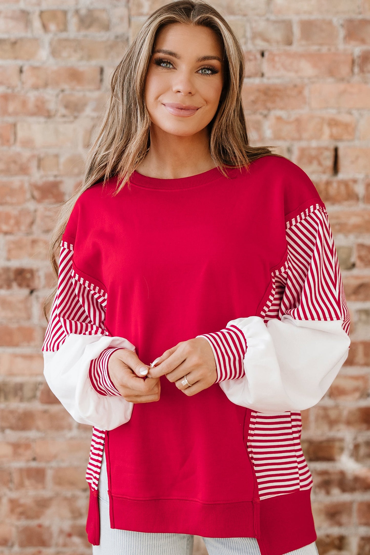Stripe Patchwork Sleeve Colorblock Sweatshirt