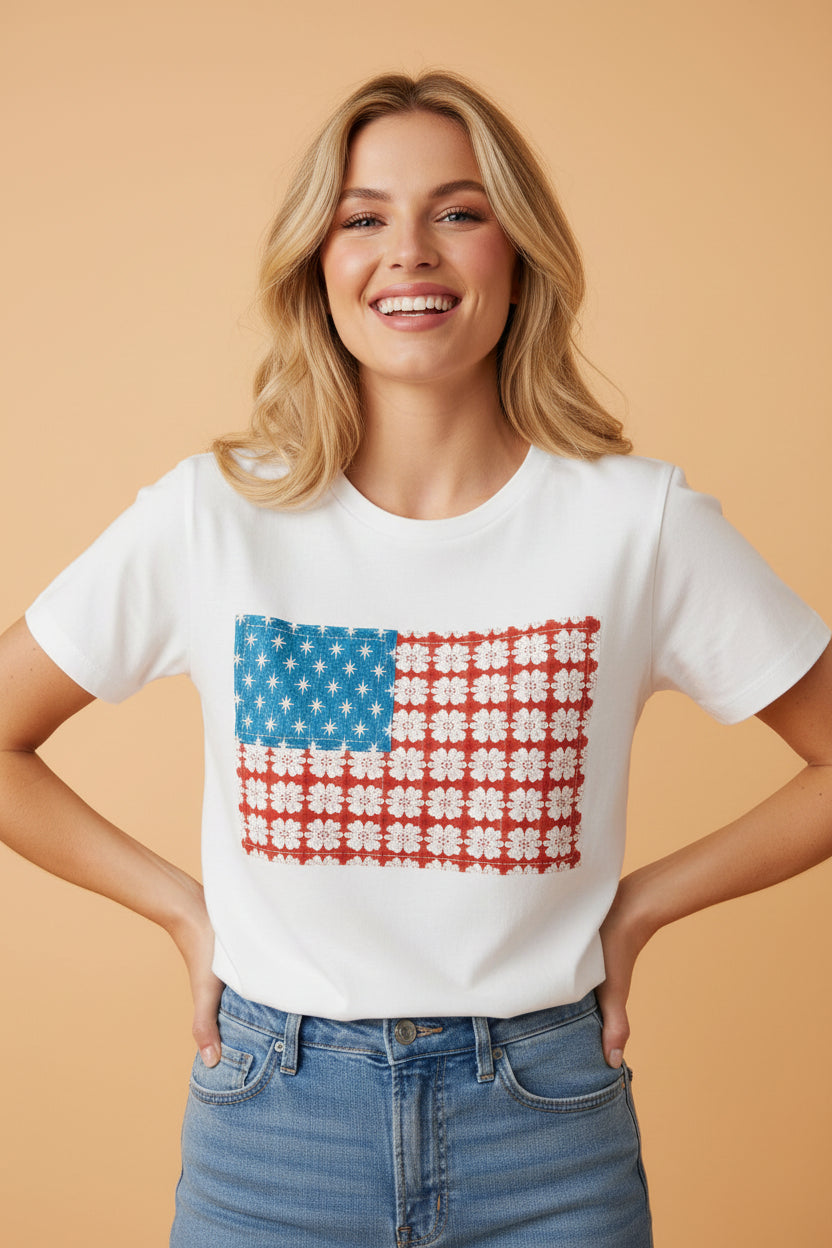 USA Floral Flag Patch Short Sleeve T-Shirt
