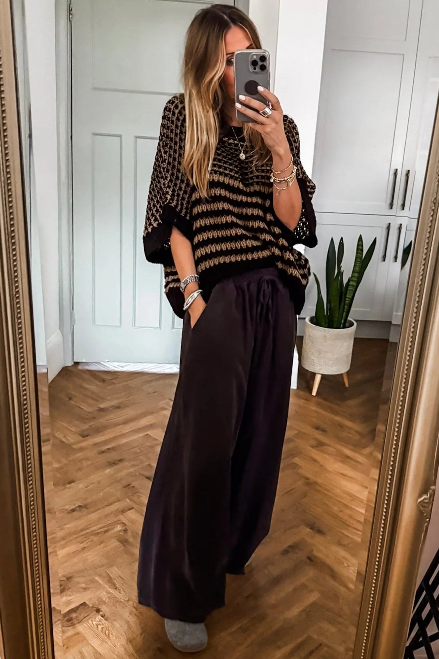 Stripe Draped 3/4 Sleeve Slouchy Sweater