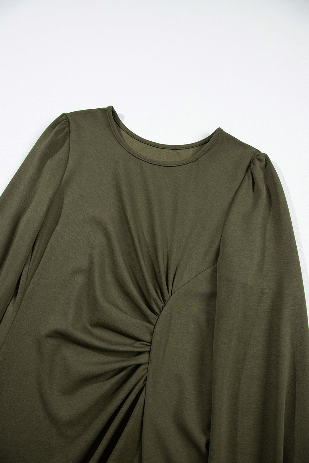 Solid Ruched Long Puff Sleeve Midi Dress