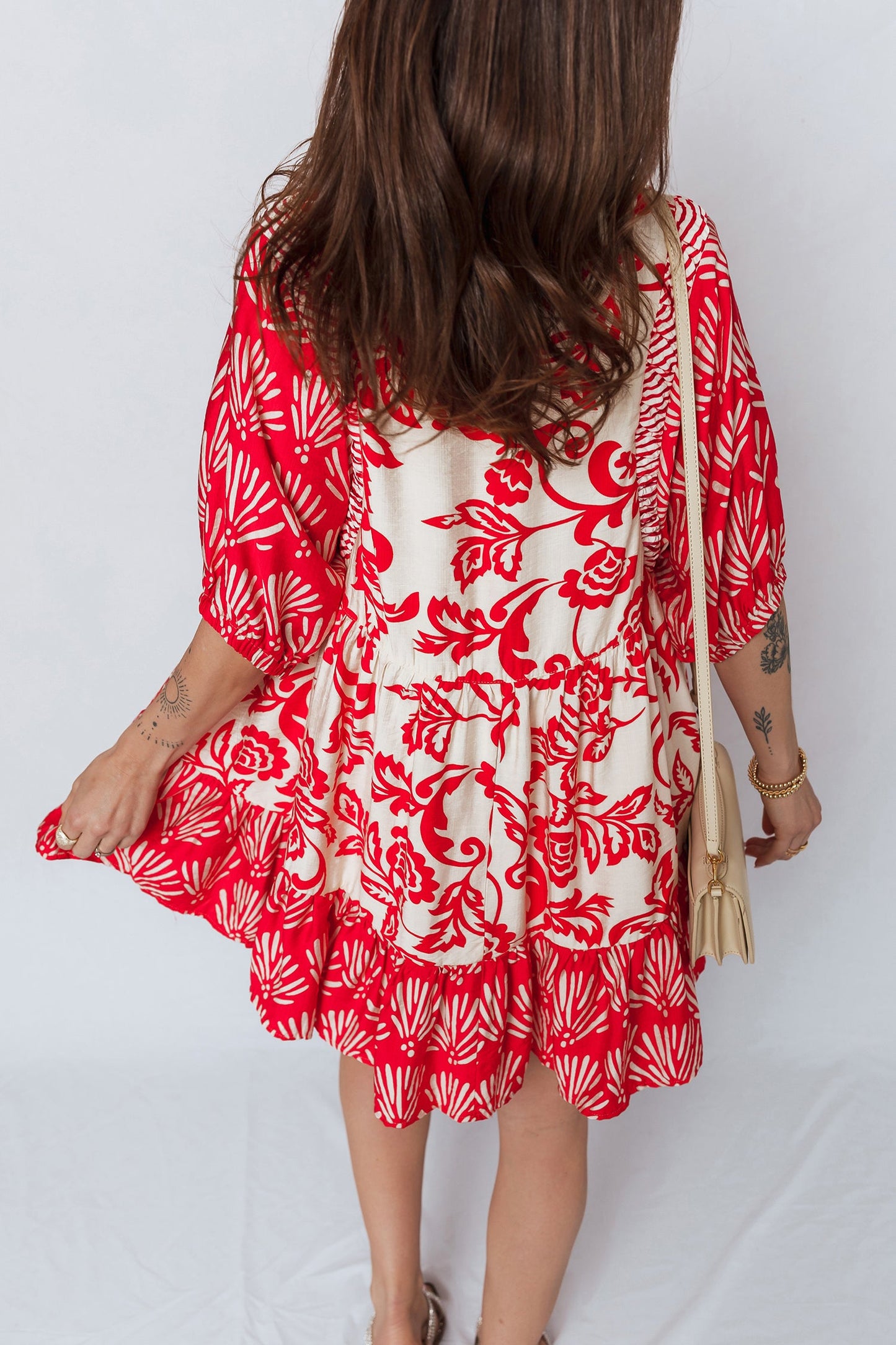 Flower V-Neck 3/4 Sleeve Collar Mini Dress