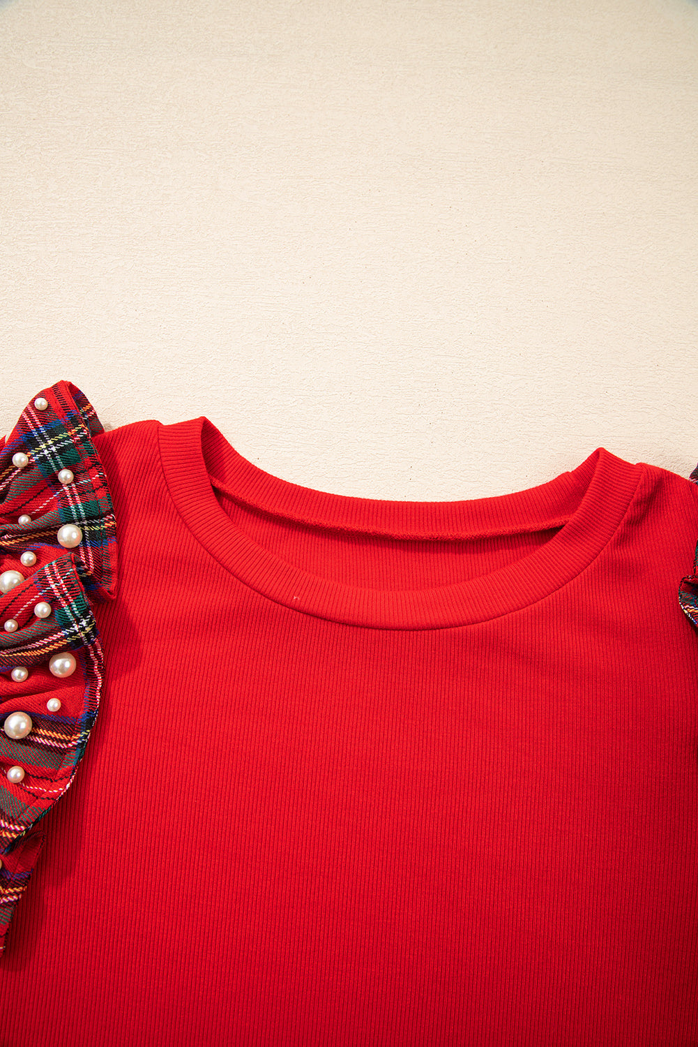 Plaid Pearl Ruffle Short Sleeve Loose T-Shirt