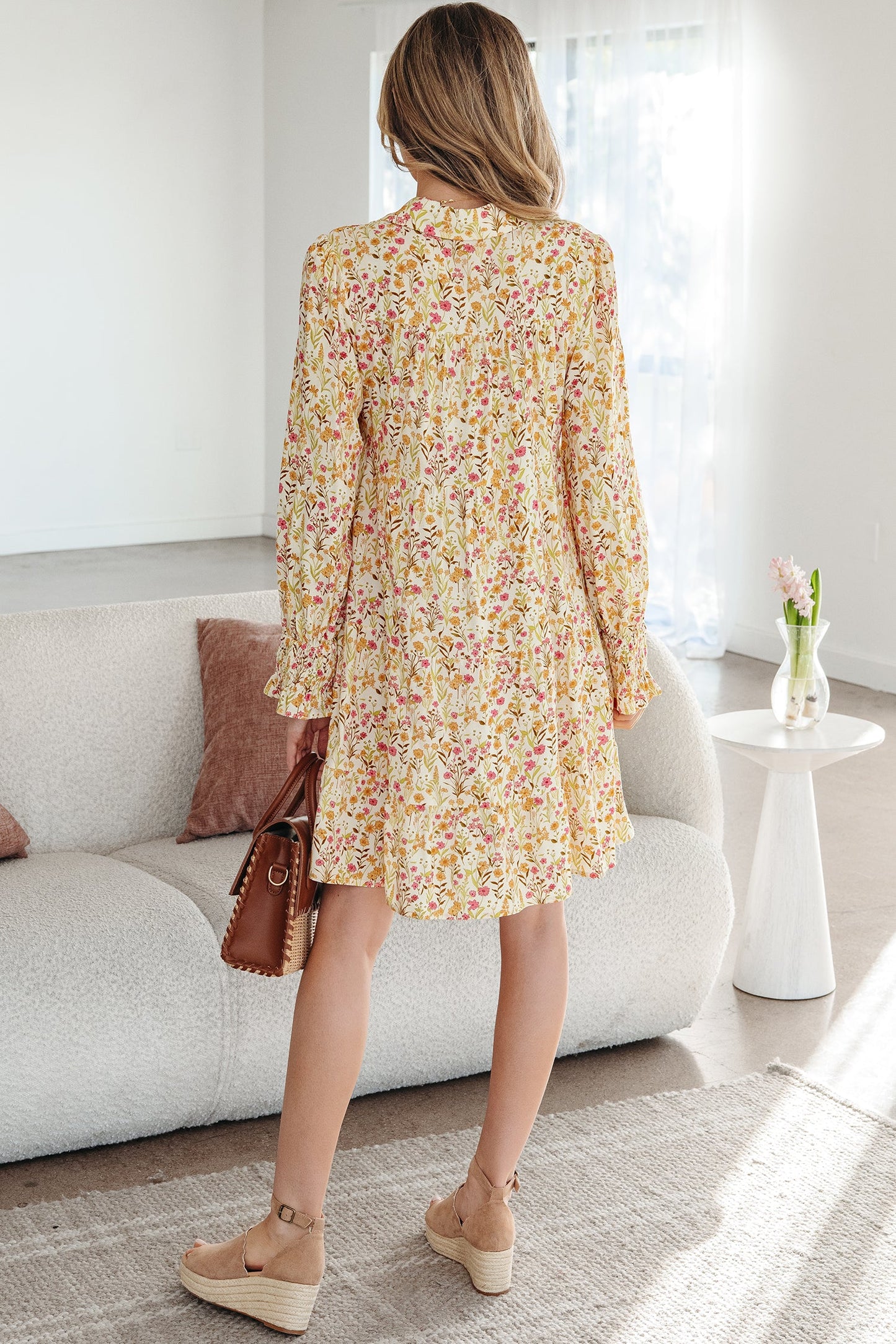 Floral Frilled Trim Smocked Cuff Dress