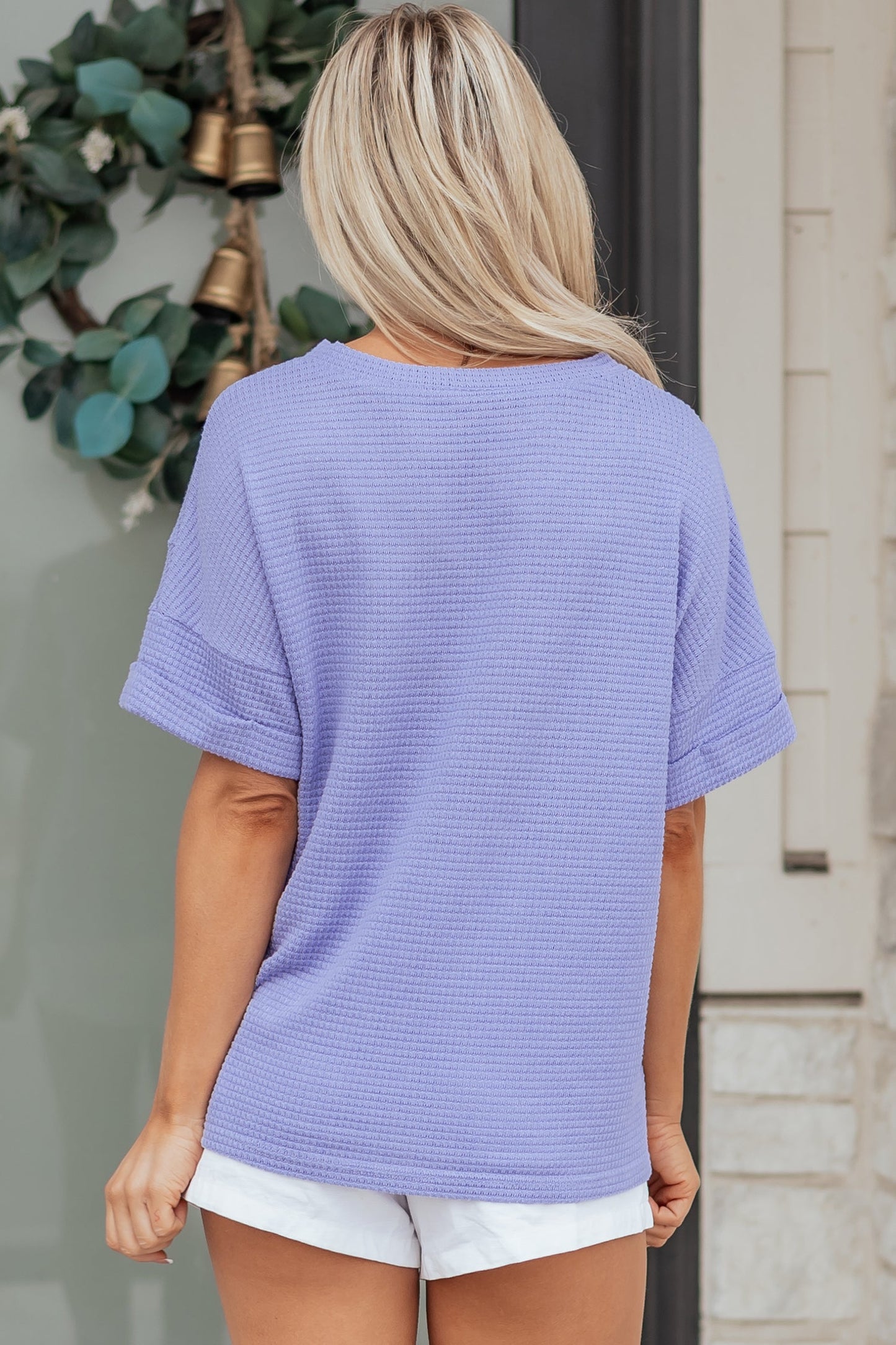Solid Waffle Knit V-Neck Short Sleeve Top