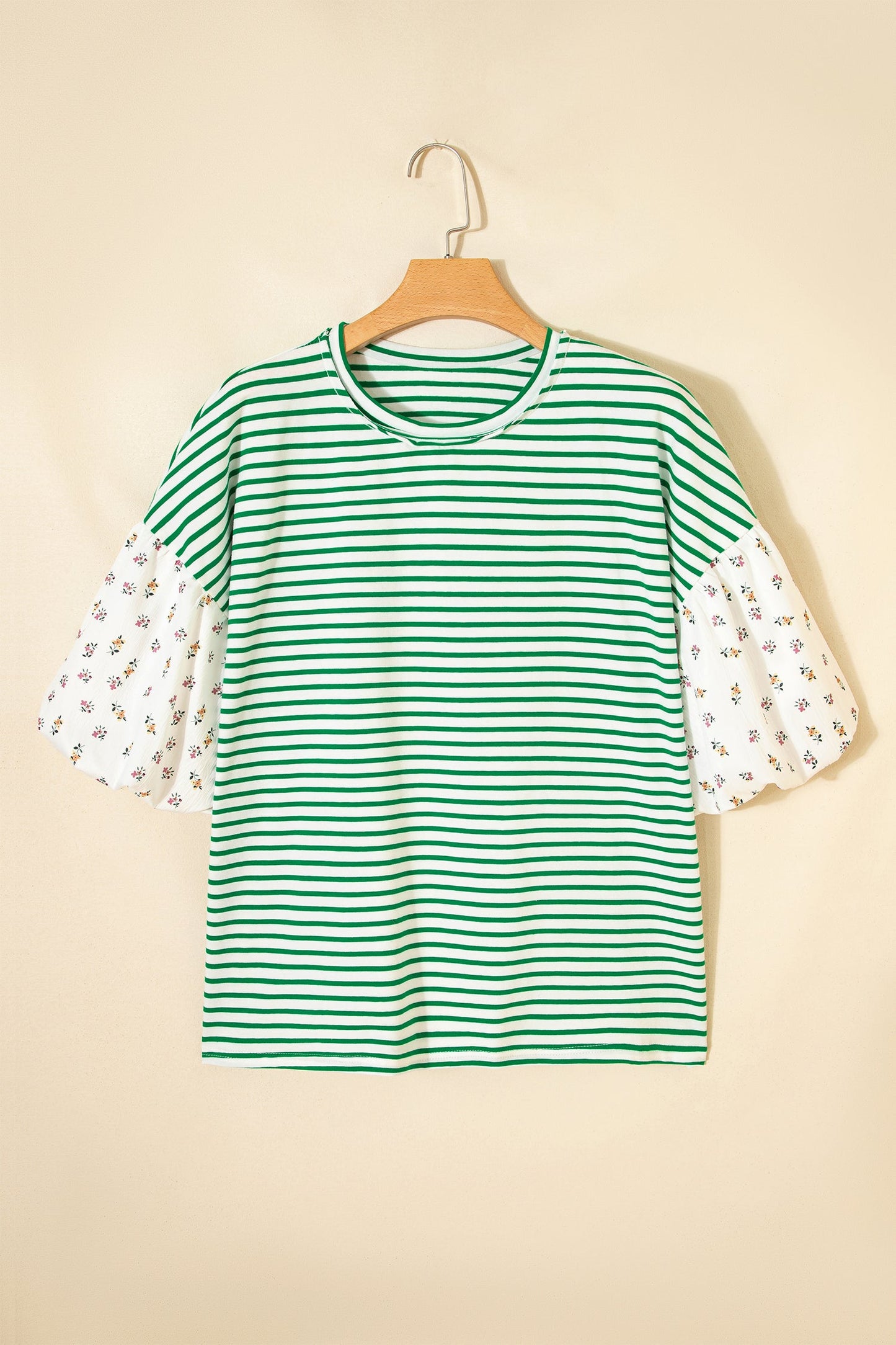 Floral Stripe Patchwork Puff Sleeve Round Neck Top