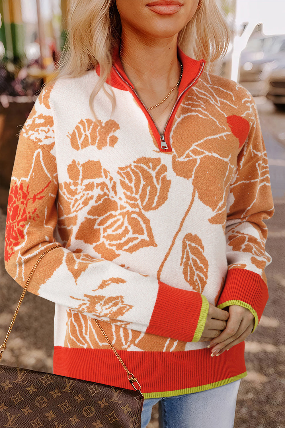 Floral Half Zip Collared Pullover Sweater