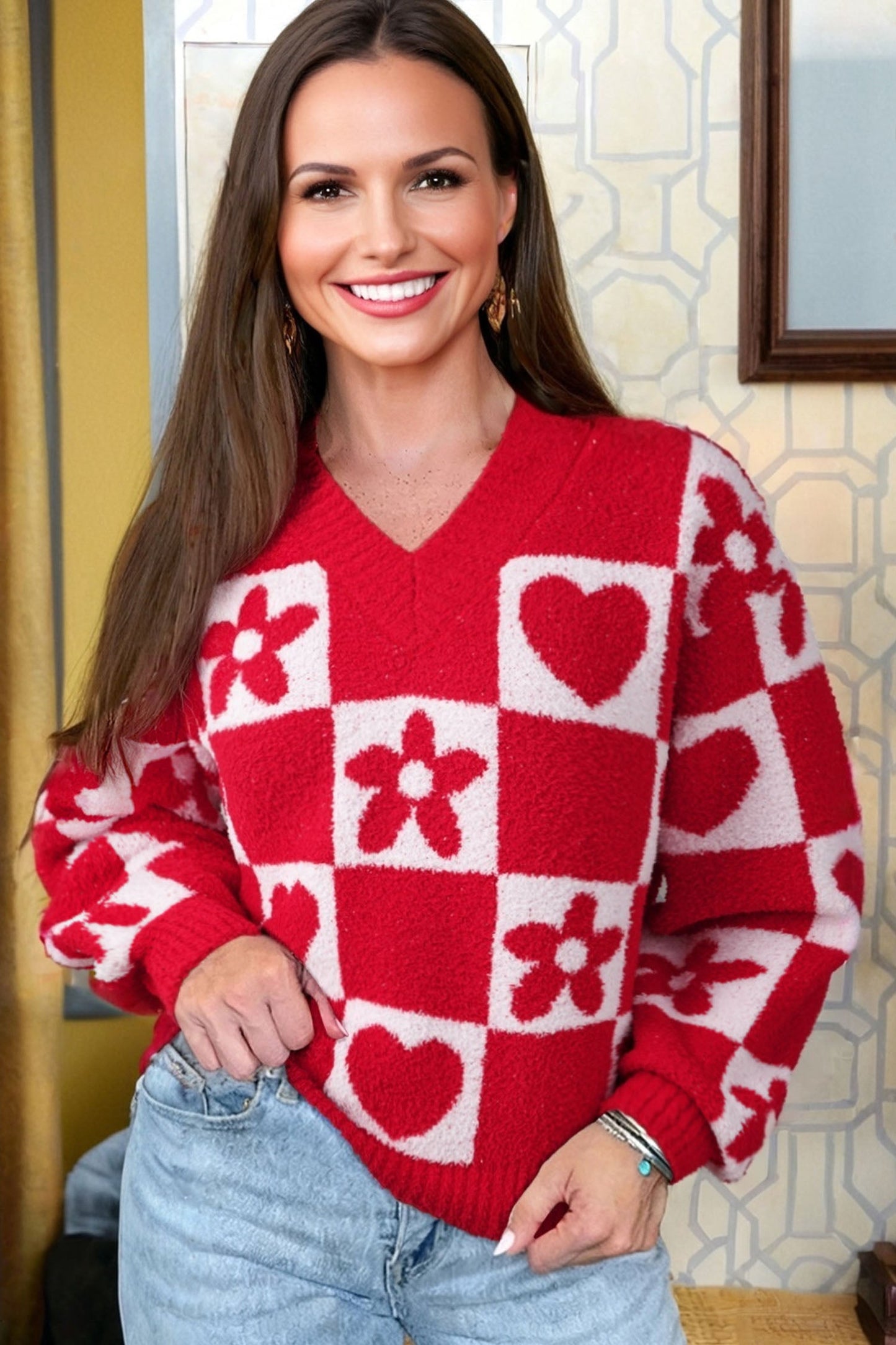 Valentine Heart V-Neck Long Sleeve Sweater