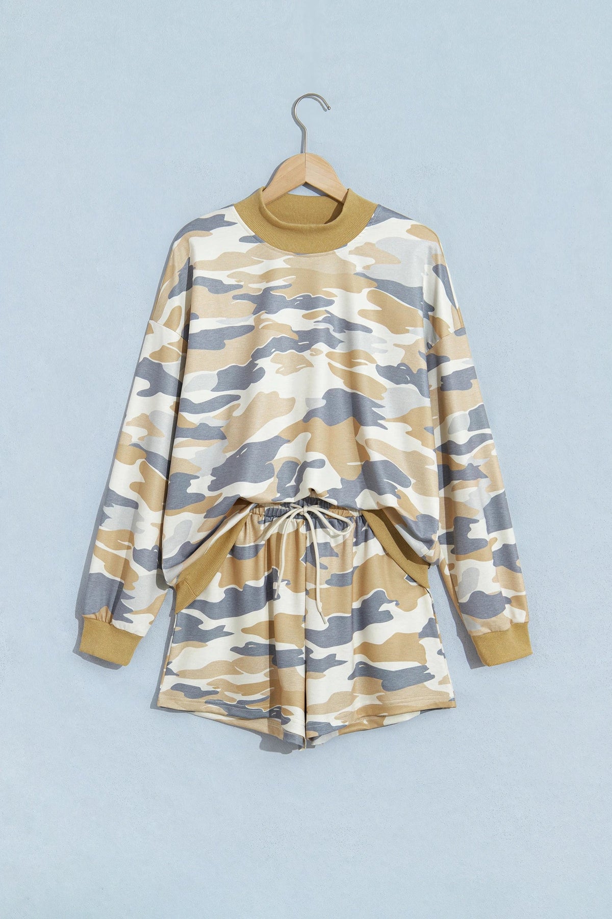 Camo Mock Neck Long Sleeve Top & Shorts Set