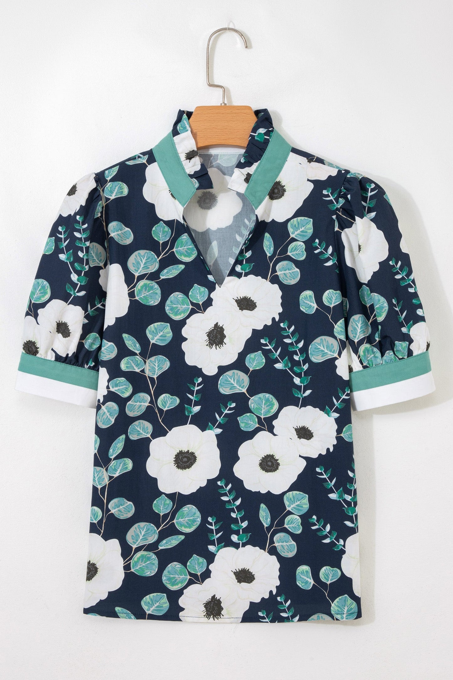 Floral Stripe Patchwork V-Neck Short Sleeve Blouse