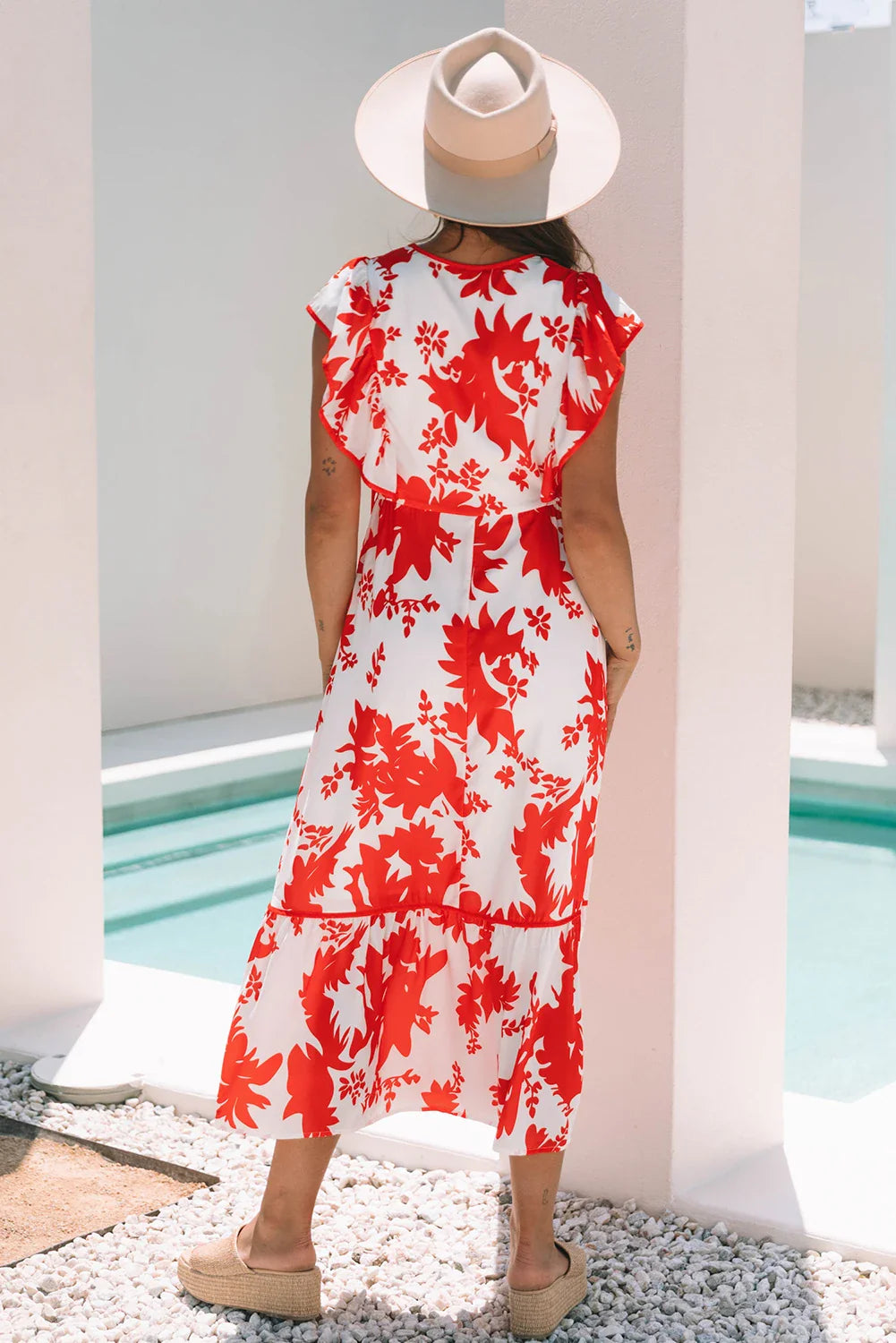 Floral Trim V-Neck Ruffle Sleeve Long Dress