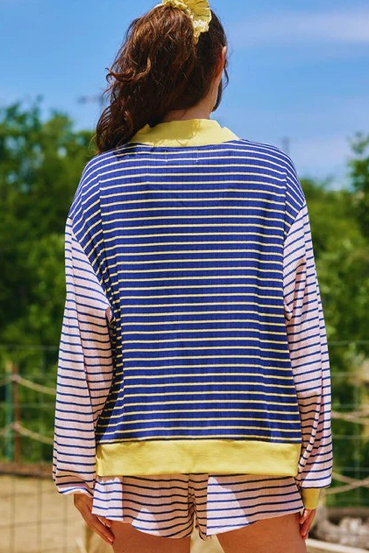 Stripe Long Sleeve Mock Neck Ribbed Knit Top & Shorts Set