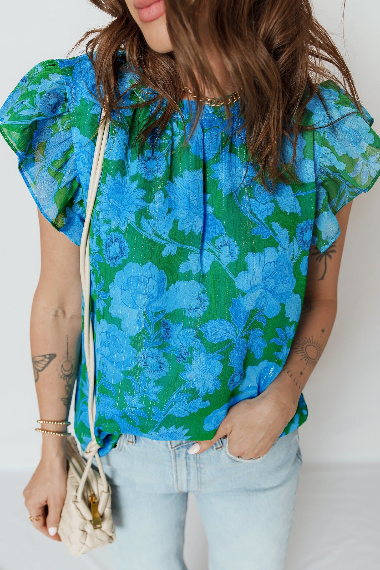 Floral Ruffle Sleeve Keyhole Back Blouse