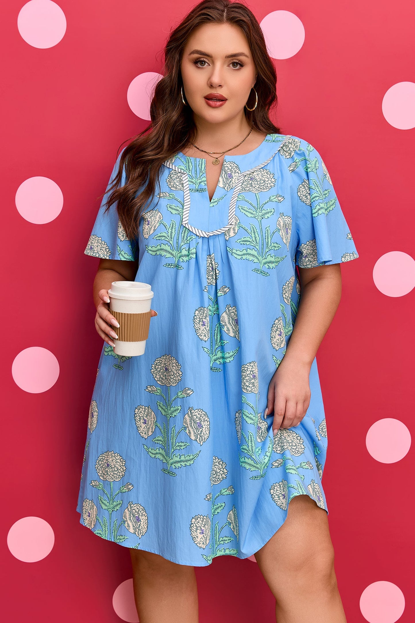 Plus Size Floral Short Sleeve Stripe Mini Dress