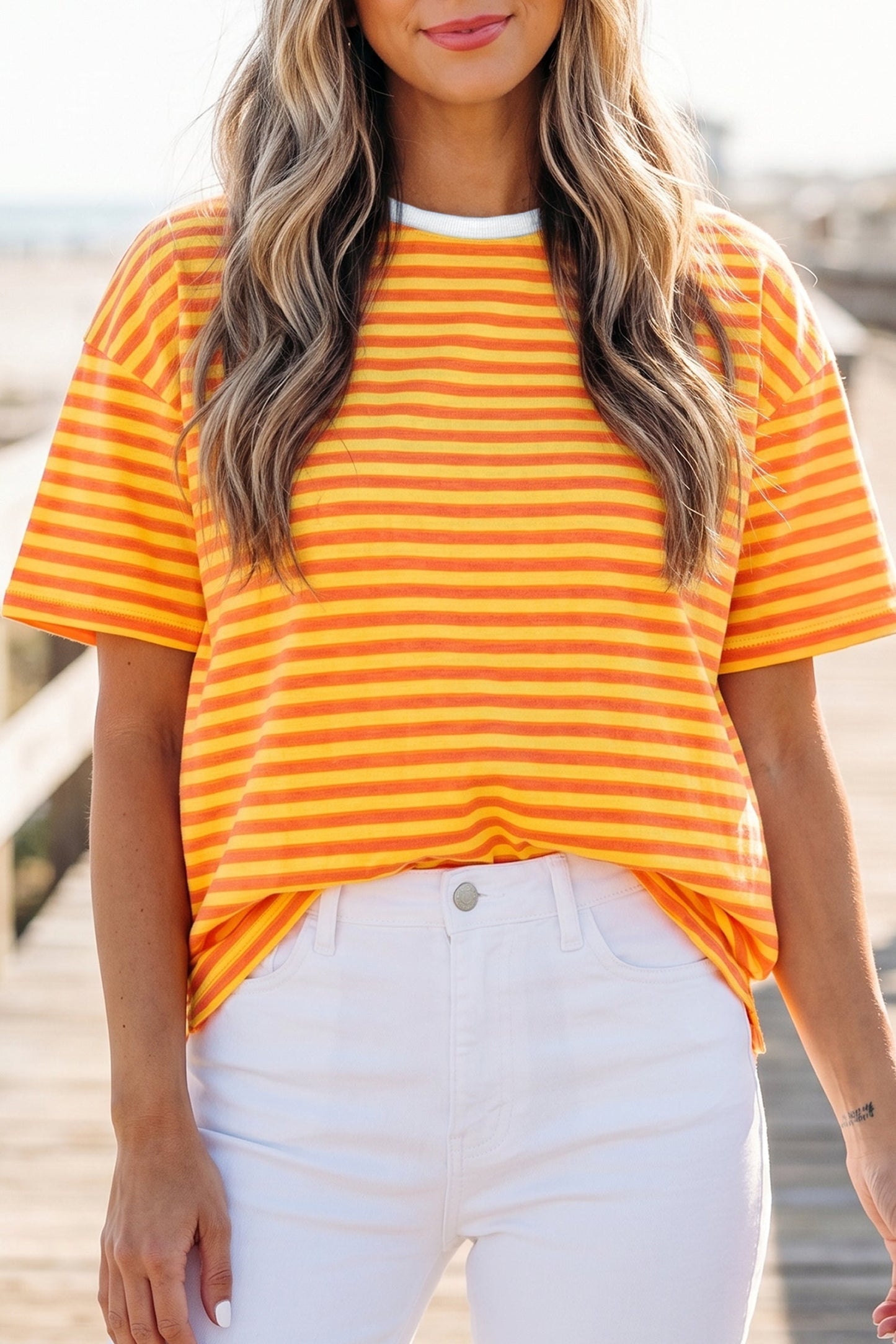 Stripe Contrast Crew Neck Drop Shoulder Tee