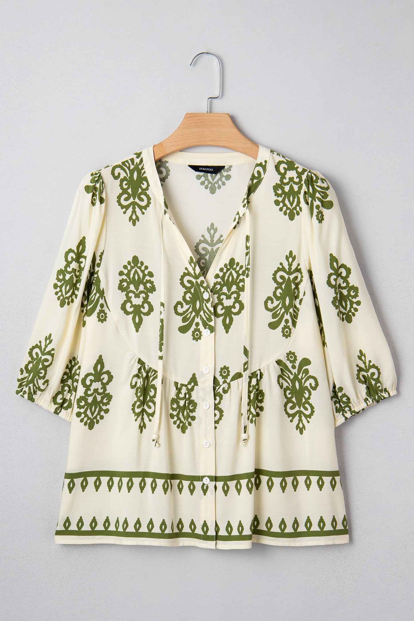 Boho Abstract Tie V-Neck Puff Sleeve Shirt