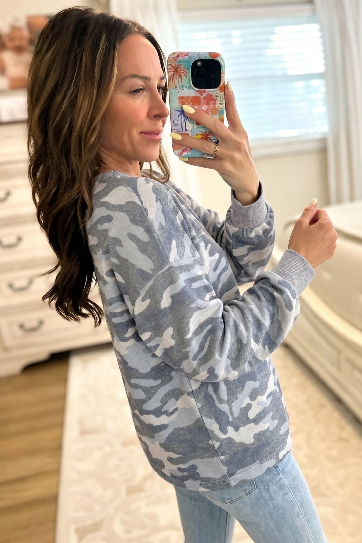 Camo Long Sleeve Round Neck Shift Pullover Top