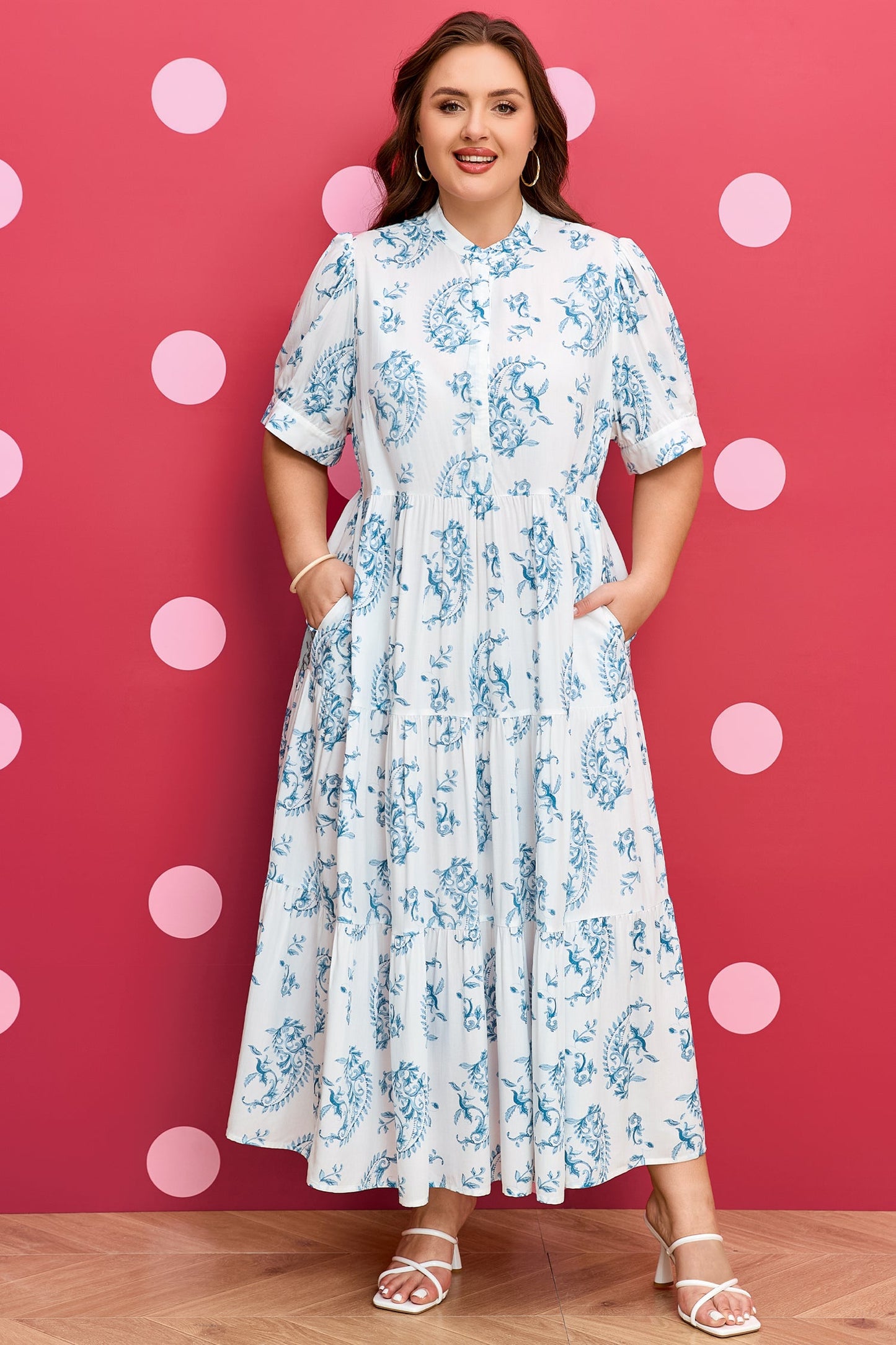 Plus Size Floral Geometric Split Neck Maxi Dress