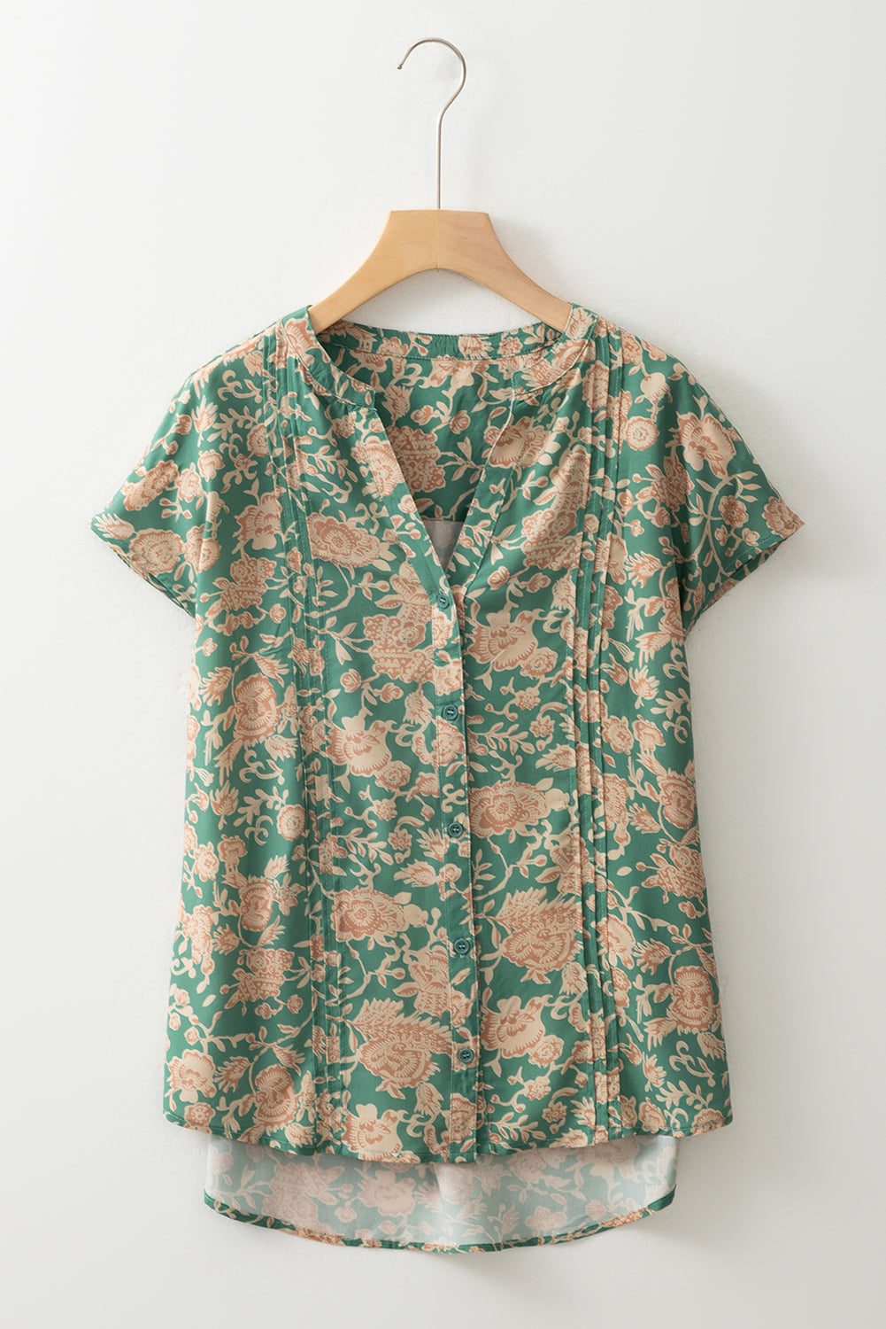 Floral Pleated Button V-Neck Short Sleeve Blouse