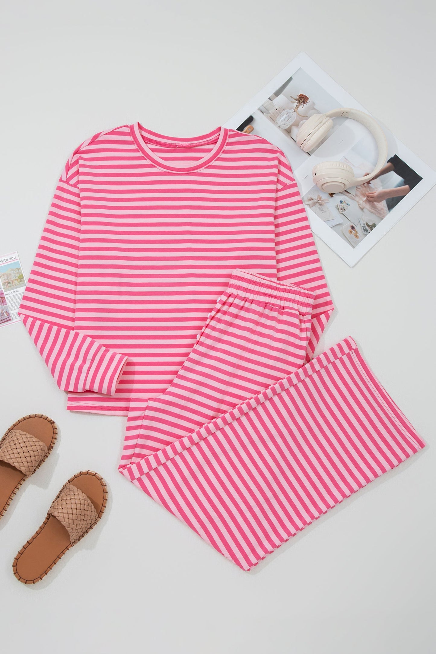 Stripe Drop Shoulder Top & Buttoned Pants Set